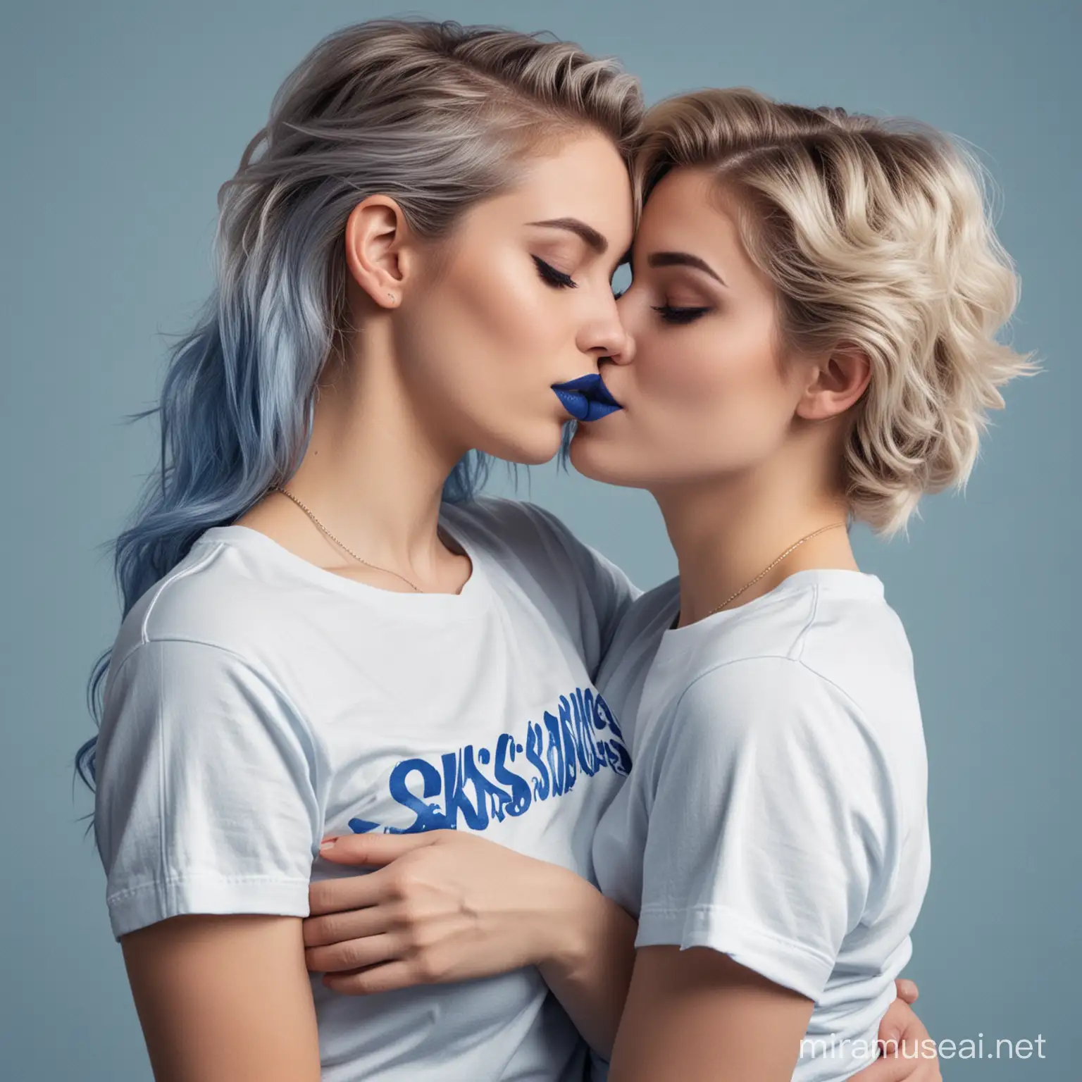 Two Lesbians hug skissing 21 years medium moyen weight hug two mouthe kissing and t-shirt blue royal colore and makeup blue royal colore lipstick blue royal and makeup blue royal and(realistic)