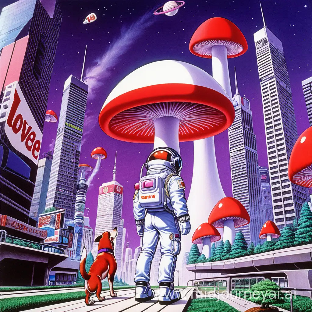 80s anime inspire, futuristic Tokyo city, floating city, music speakers as buildings, a huge red and white mushroom as tall as the buildings, Astronaut helmet with the words love on the visor, a purple dog head barking viscously, next to a huge CD disk
