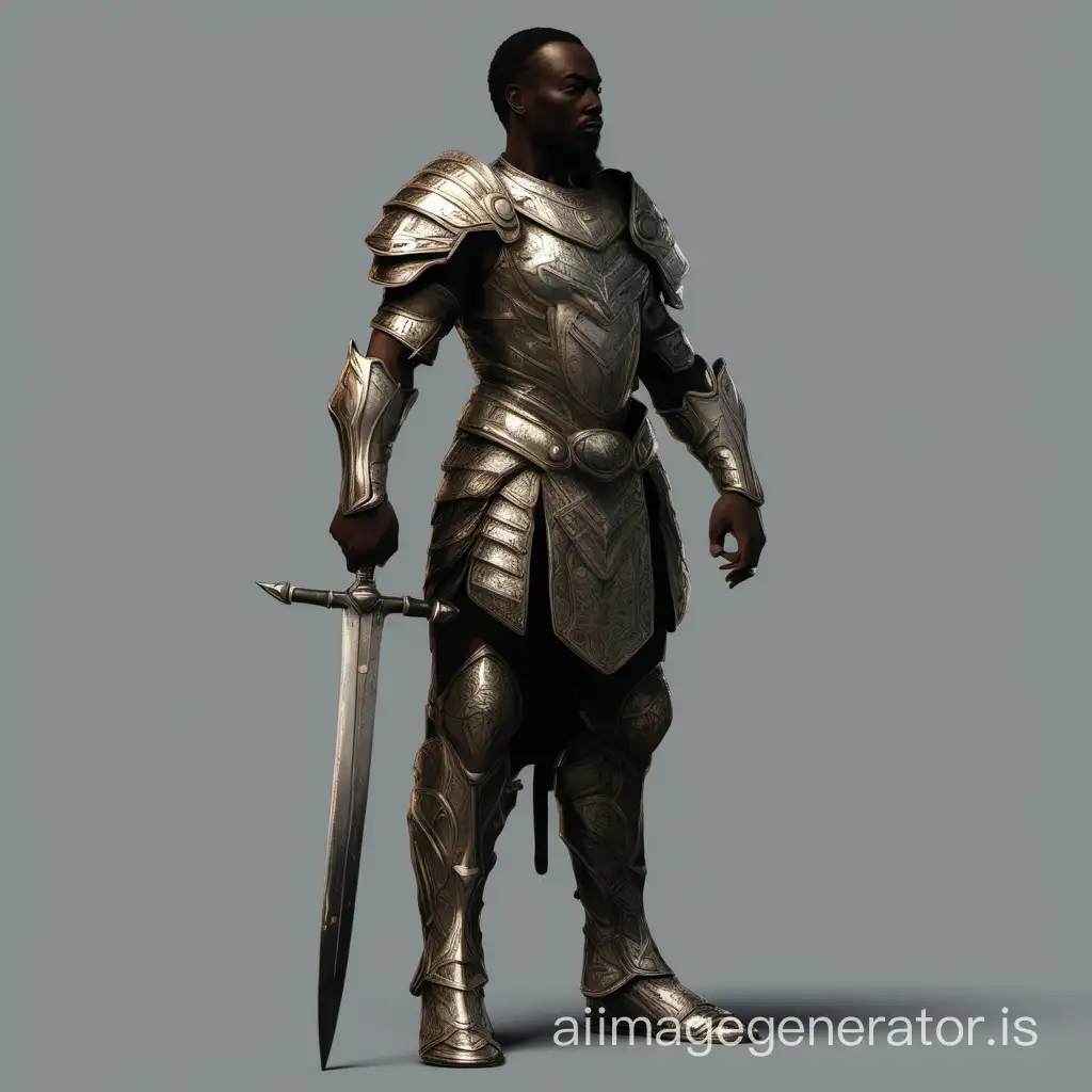 [https://cdn.openart.ai/uploads/image_M6XzEVuk_1706935248959_512.webp, Concept art character, Mark, an African warrior from the future in armour and sword, full-length body view, orthographic full body view of Mark facing the camera, orthographic full body view of Mark facing away from the camera, hyper-detailed, hyperrealistic — ar 3:2 — seed 1637567631]