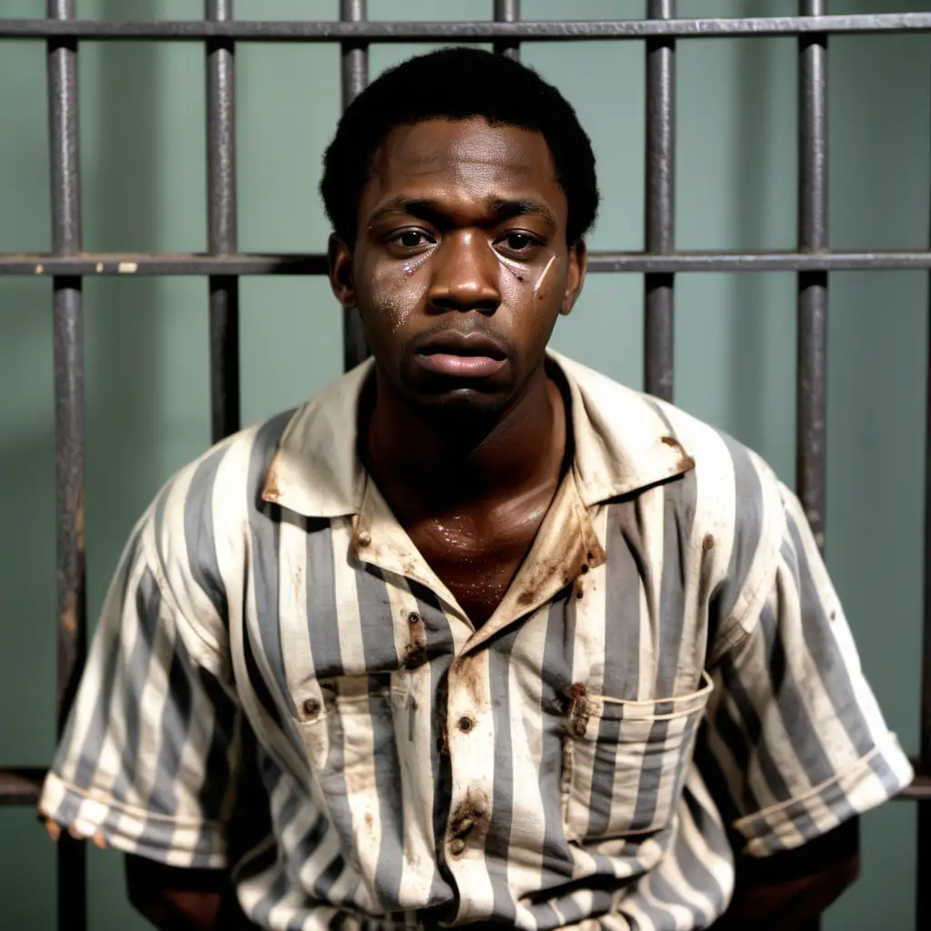 Full colour image. An African American man in his late 20s. He is wearing a 1920s prison jumpsuit and is behind bars. He appears to have been beaten up.