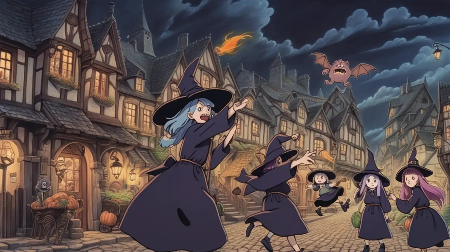 macro, ghibli art style, ugly art, dark fantasy, town, witches having fun, monster