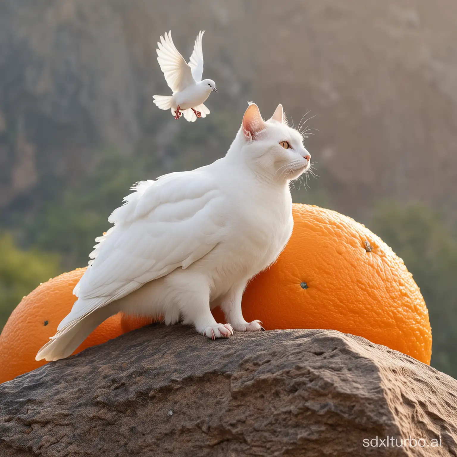 white dove on top of an orange cat on a rock