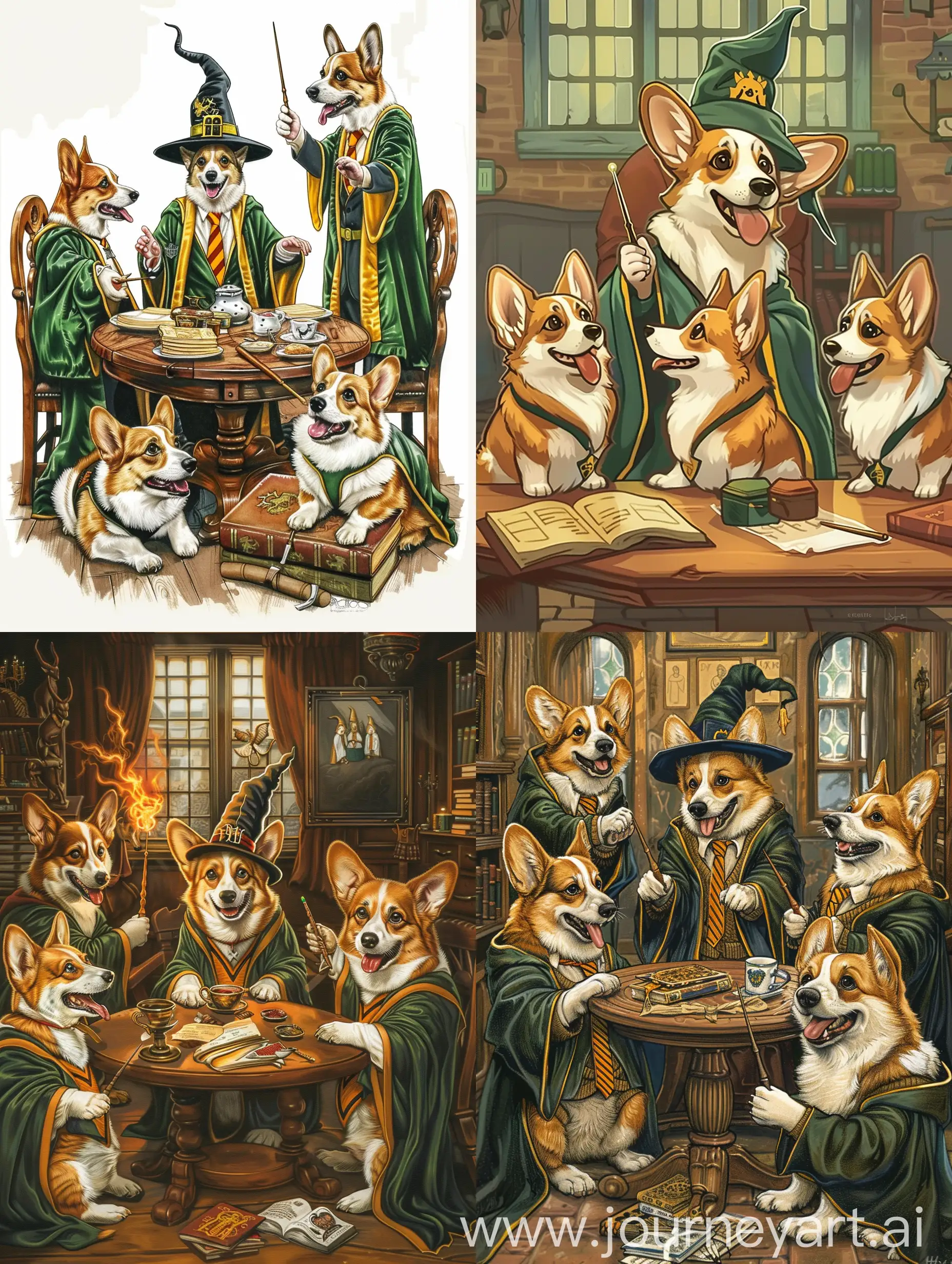 cude corgi dogs, hogwarts, slytherin robes, wizard hat, wand, magical, comic style, sitting around a table