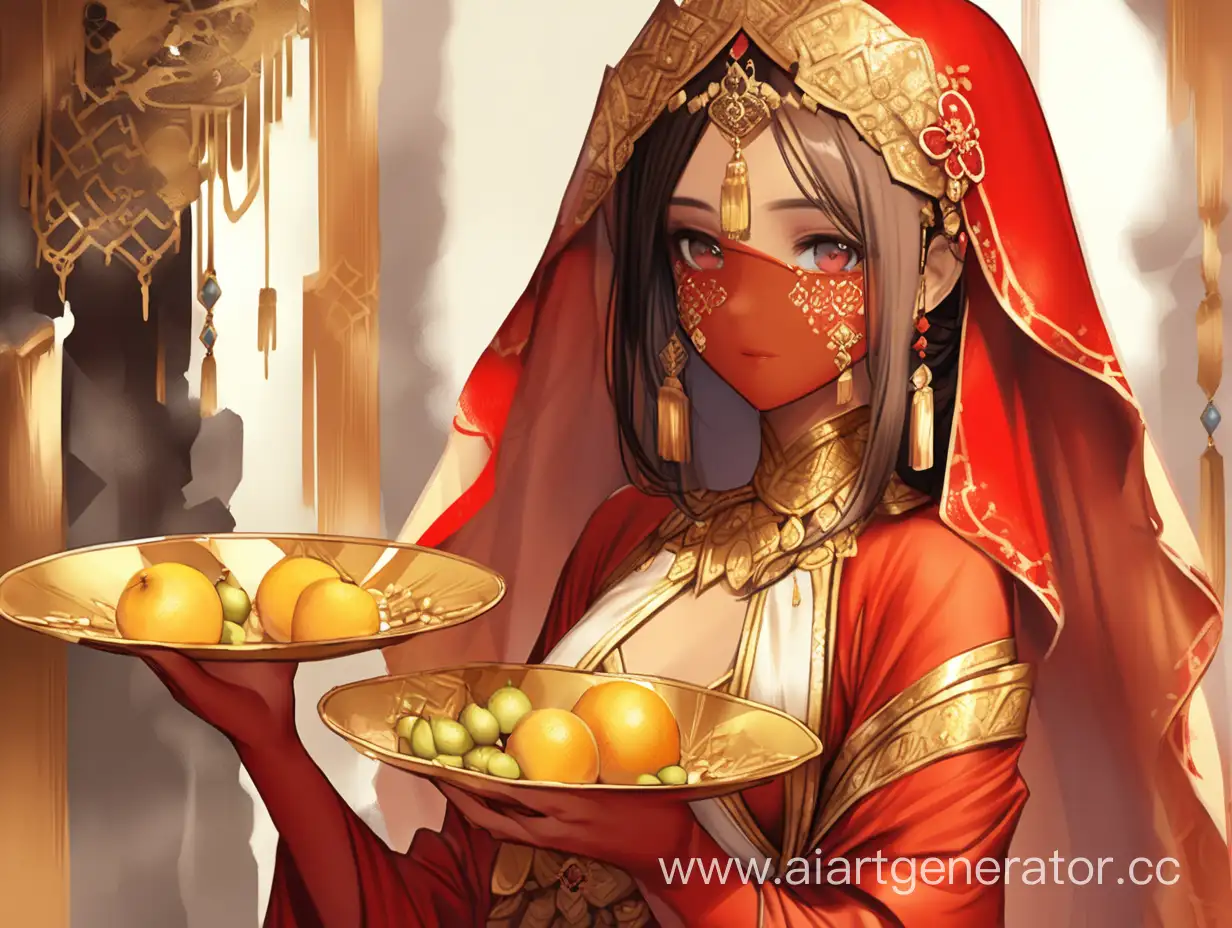 Черноволосая девушка с красной вуалью на лице, в костюме восточной красавицы, в руках золотое блюдо с фруктами