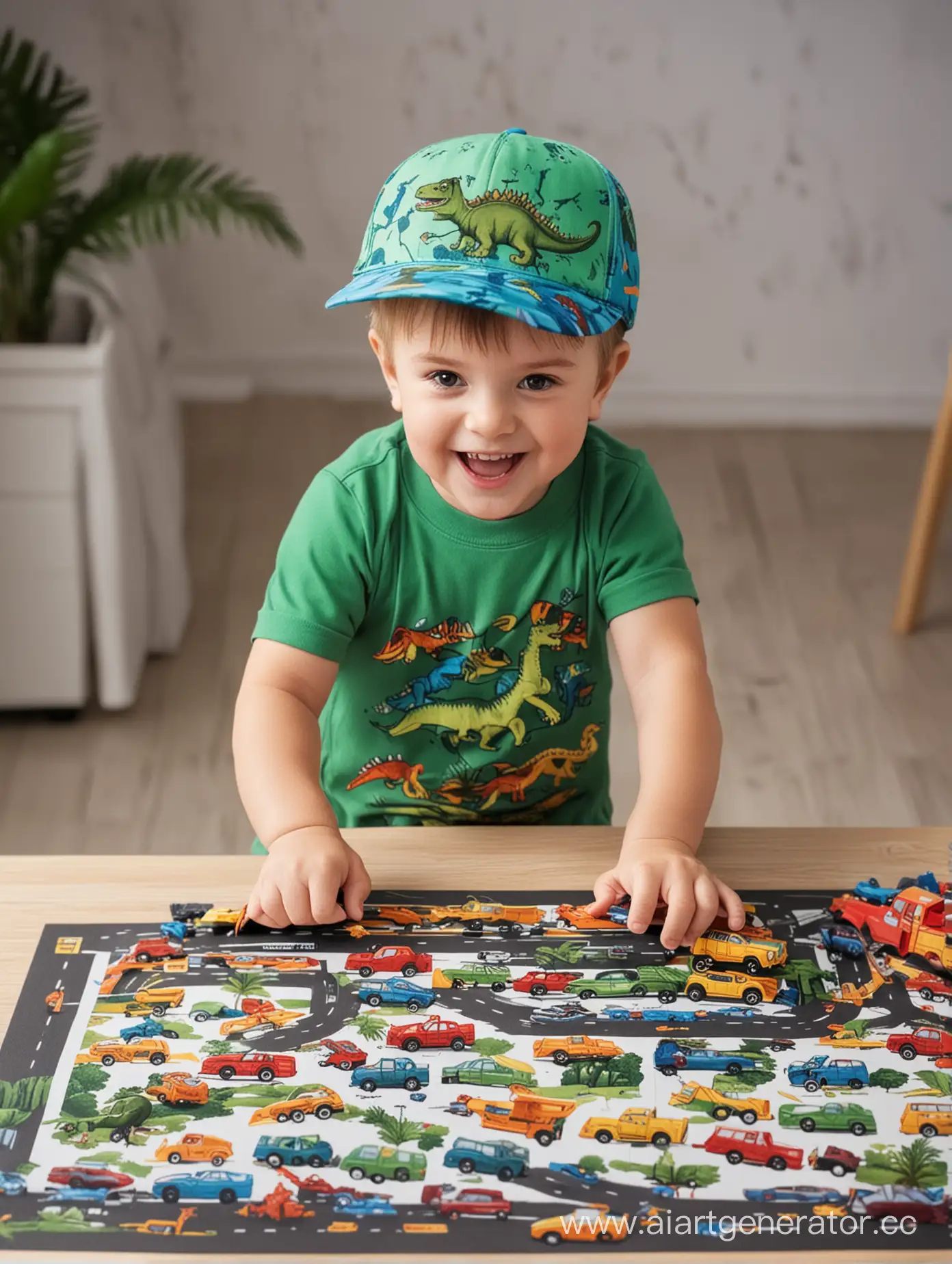 happy little boy in a cap with a dinosaur pattern playing with cars at the table