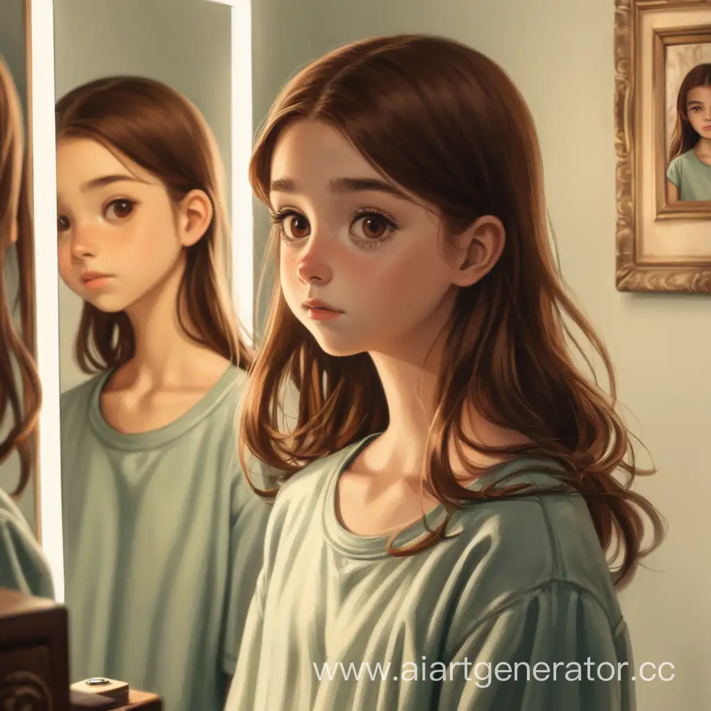Девочка с карими глазами и шатеными волосами по плечи, стоит смотрит в зеркало 




