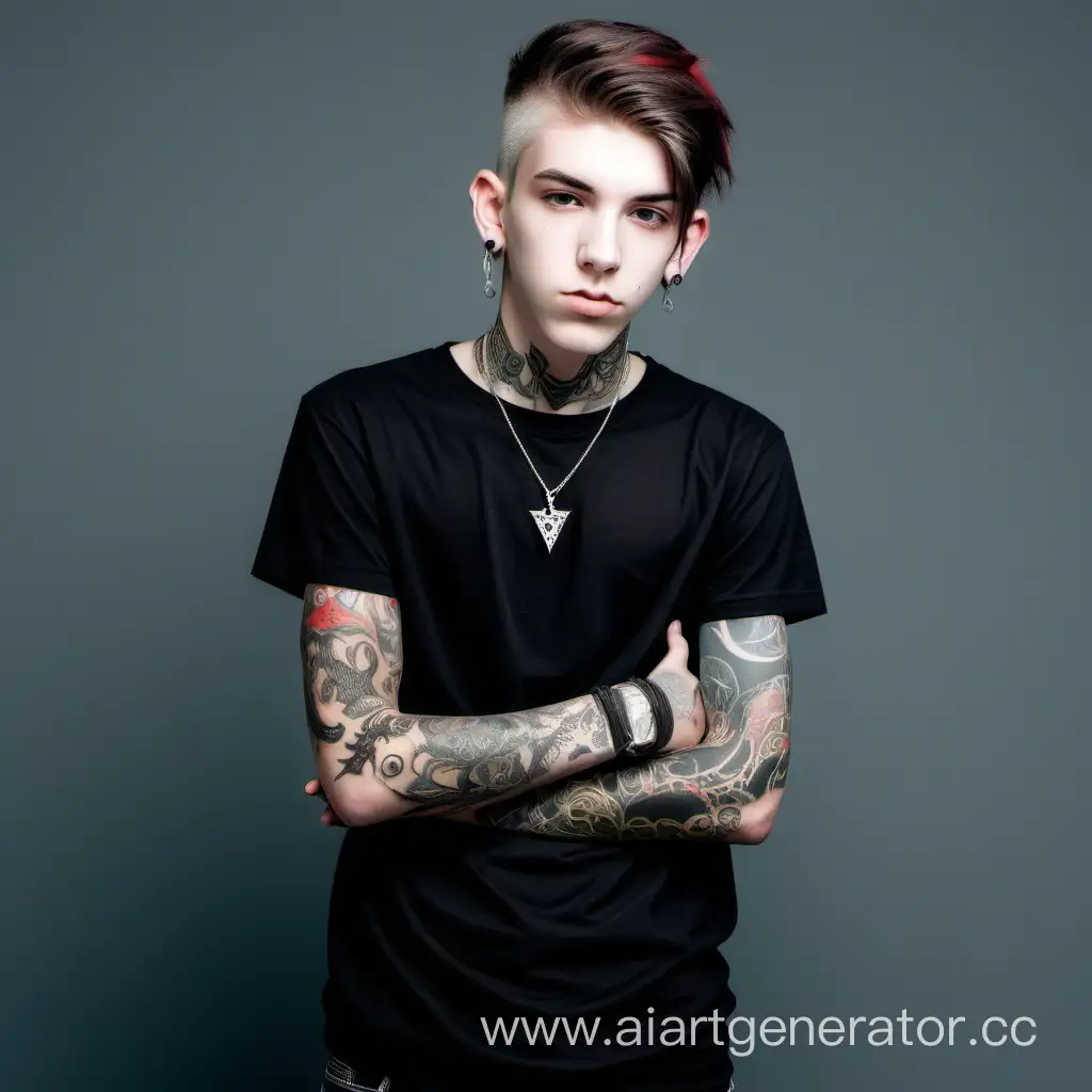 Красивый худощавый парень подросток с пирсингом и татуировками в черной рубашке 