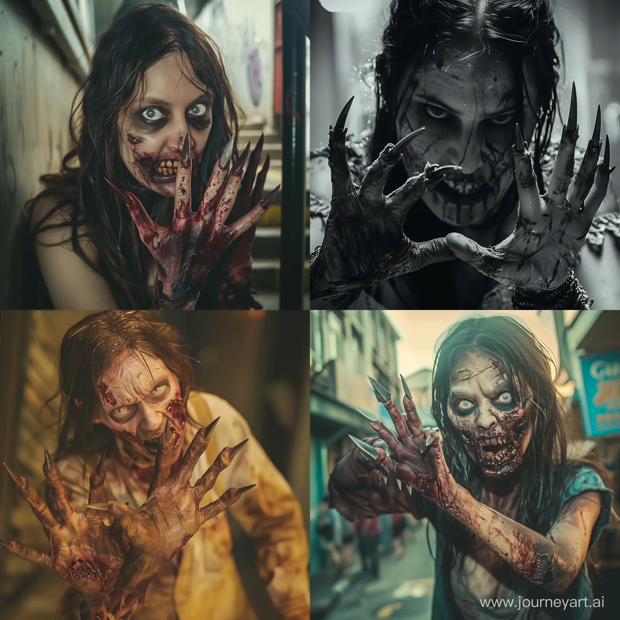 Sinister-Zombie-Woman-with-Clawed-Hands-Beckoning-in-a-Dark-Alley