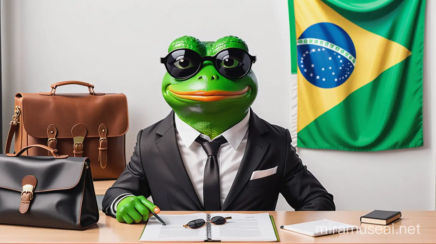 create pepe the frog with suit and tie sunglasses going to office with brazil flag on bag