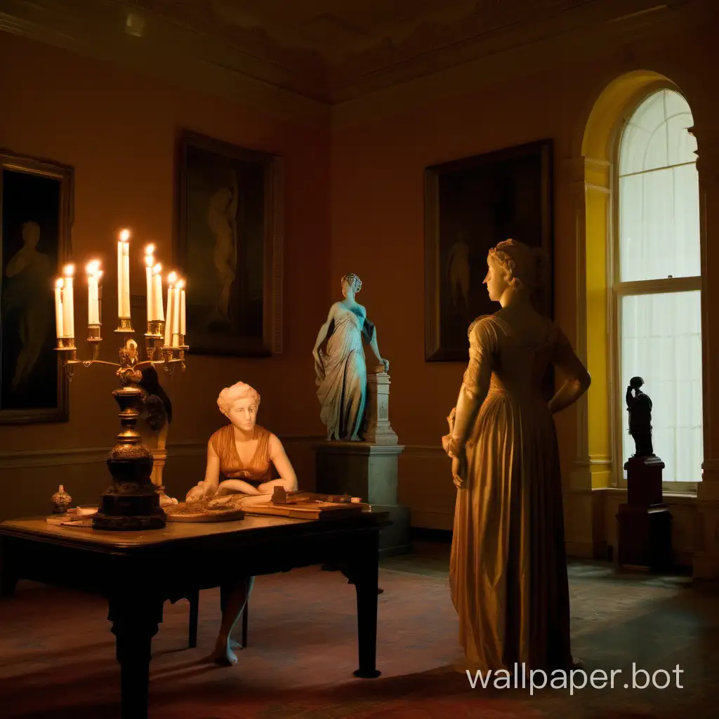 two women, a dimly lit 18th-century US interior. In the center, a wooden table, bathed in the warm glow of a single candle. A large,  bust of Pallas Athena marble statue, casting an air of mystery and unease over the scene. The room is richly detailed, and magical objects, The portrait captures the melancholic and enigmatic atmosphere of the era, wes anderson palette