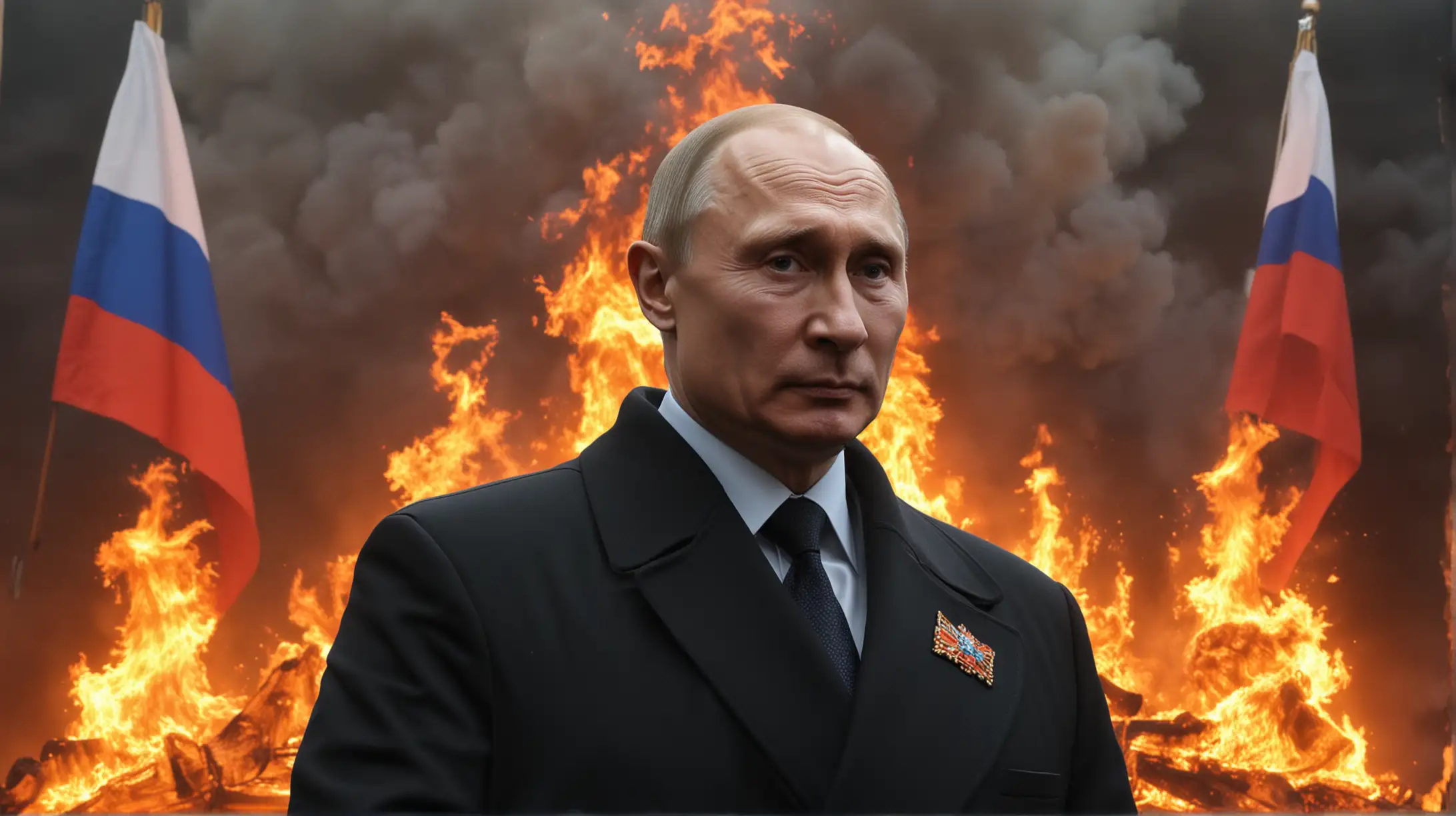 Vladimir Putin Standing Before a Burning Russian Flag with a Sinister Gaze