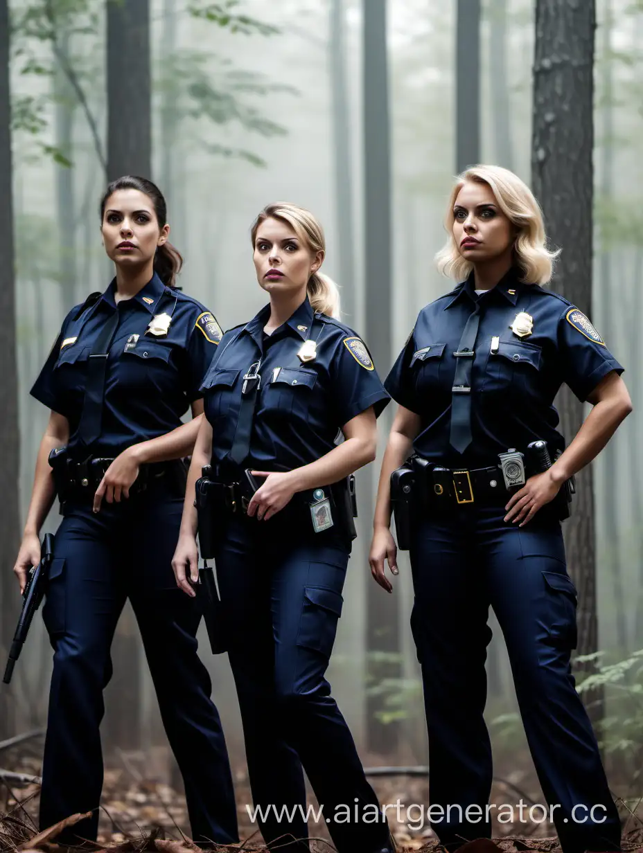 in a background misty forest, in a first plan one woman blonde in black police uniform with walkie-talkie, second woman-brunette in civil suit, third woman in FBI uniform