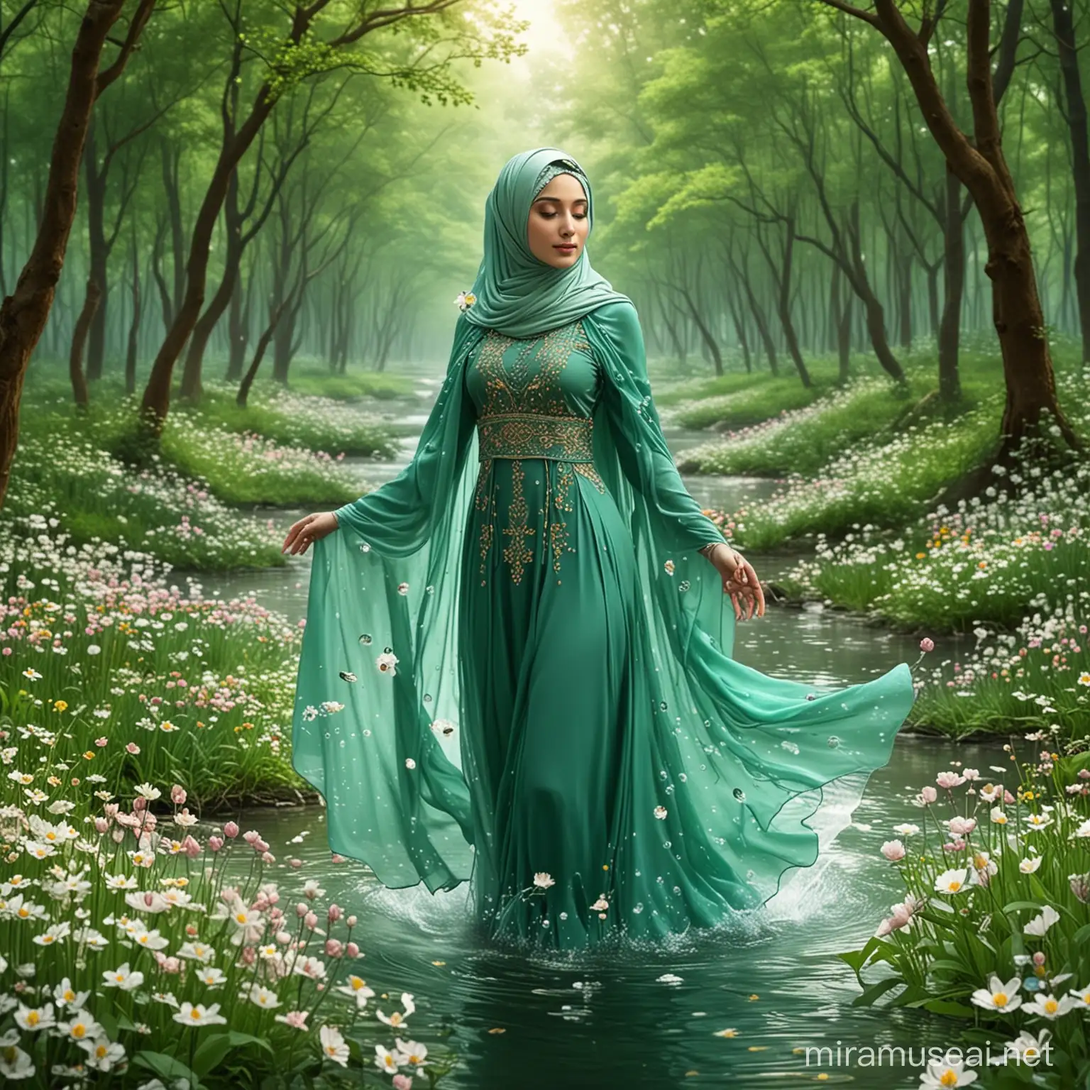 Hijabber fairy tales water spirit spring blossomed three and flowers   in green forest