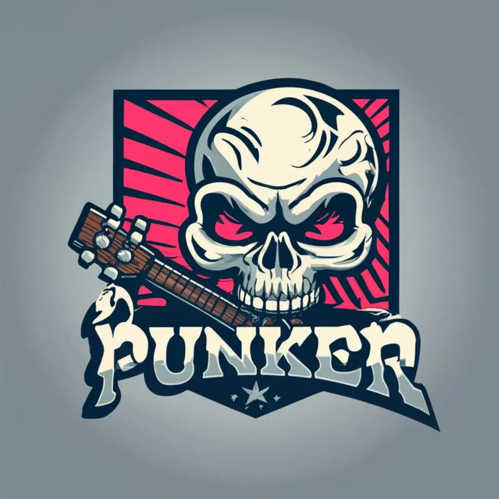 logo, logo of a skull with guitar, emblem, aggressive, graphic, vector dark colors ,white background,clean,arstistic simple with the text "Punker", typography, be used in clothing industry