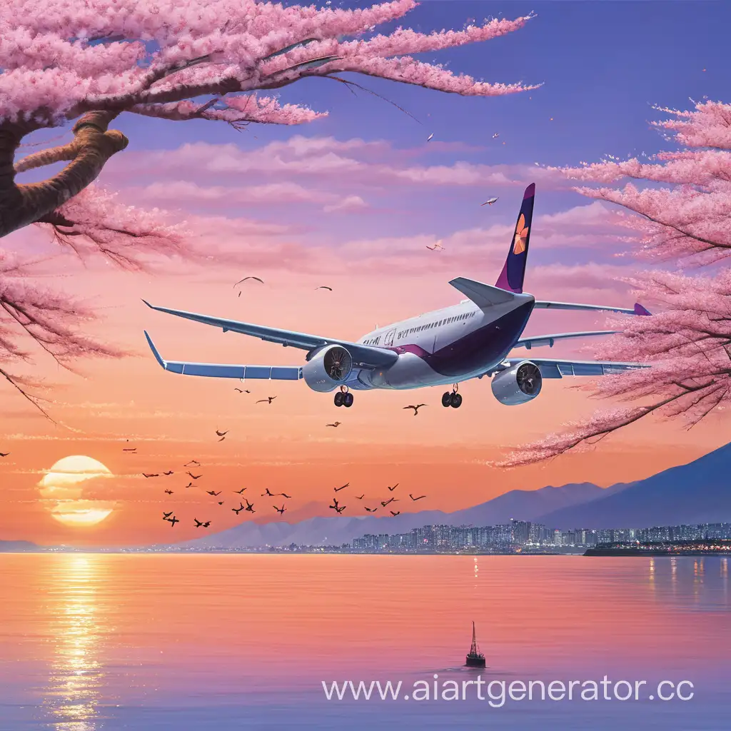 Breathtaking-Sakura-Sea-Sunset-with-Airplane-Silhouette