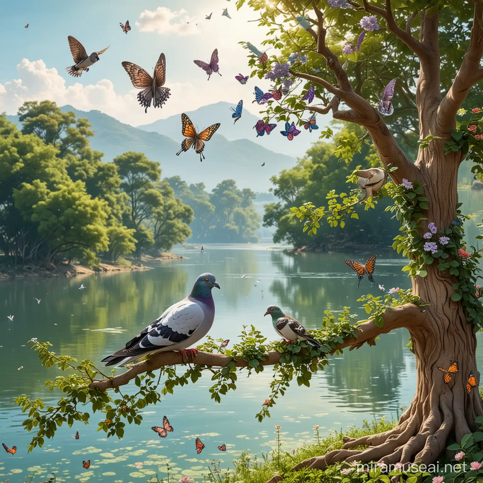 Tranquil Scene Pigeons Resting on Tree by Serene Lake Amidst Lush Greenery and Fluttering Butterflies