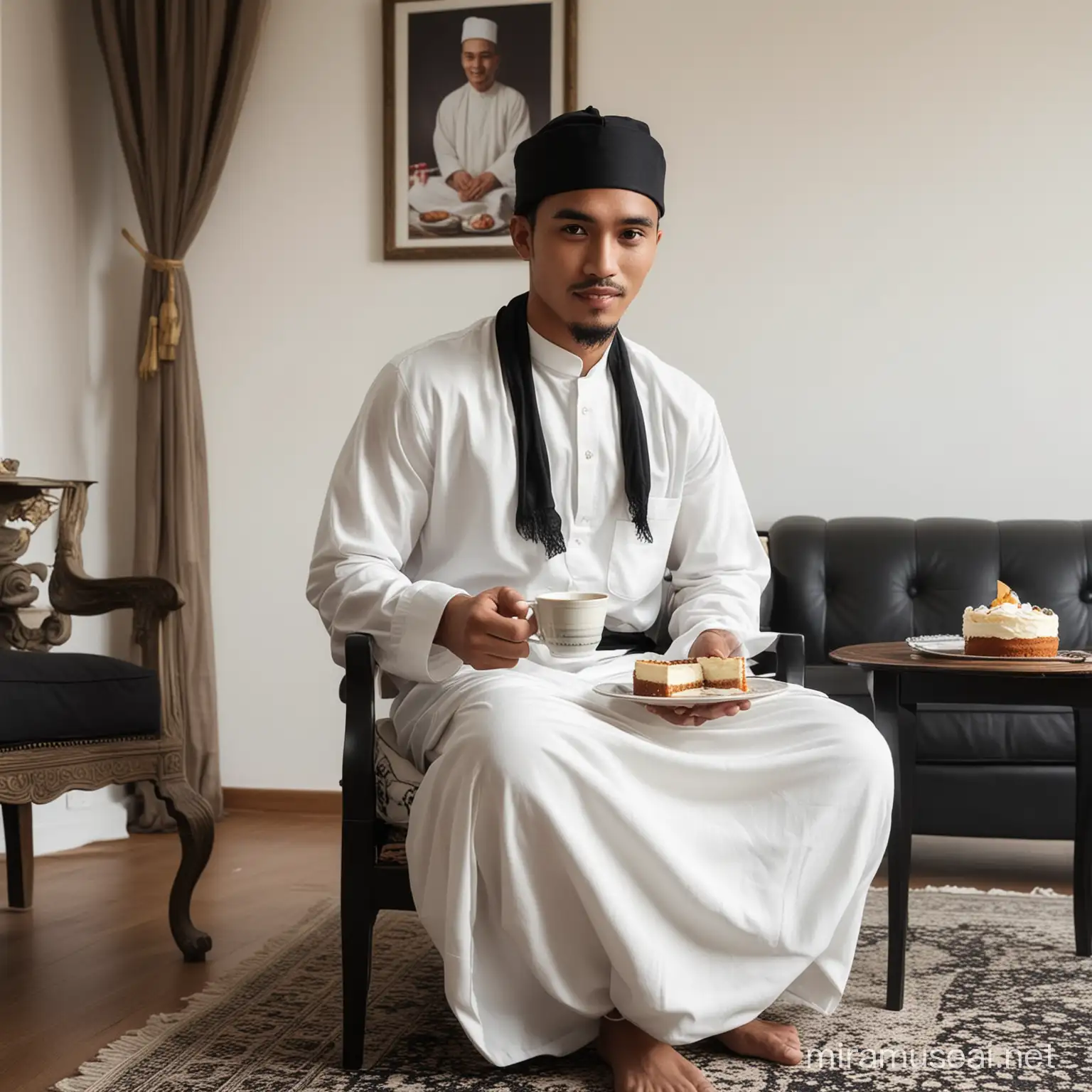 A 25 year old young man from Indonesia, wearing a black skullcap, white Muslim clothes, wearing a black sarong, is sitting on a chair and in front of him there is a table with a cup of coffee and cake on it. background in the living room. original photo, ultra HD
