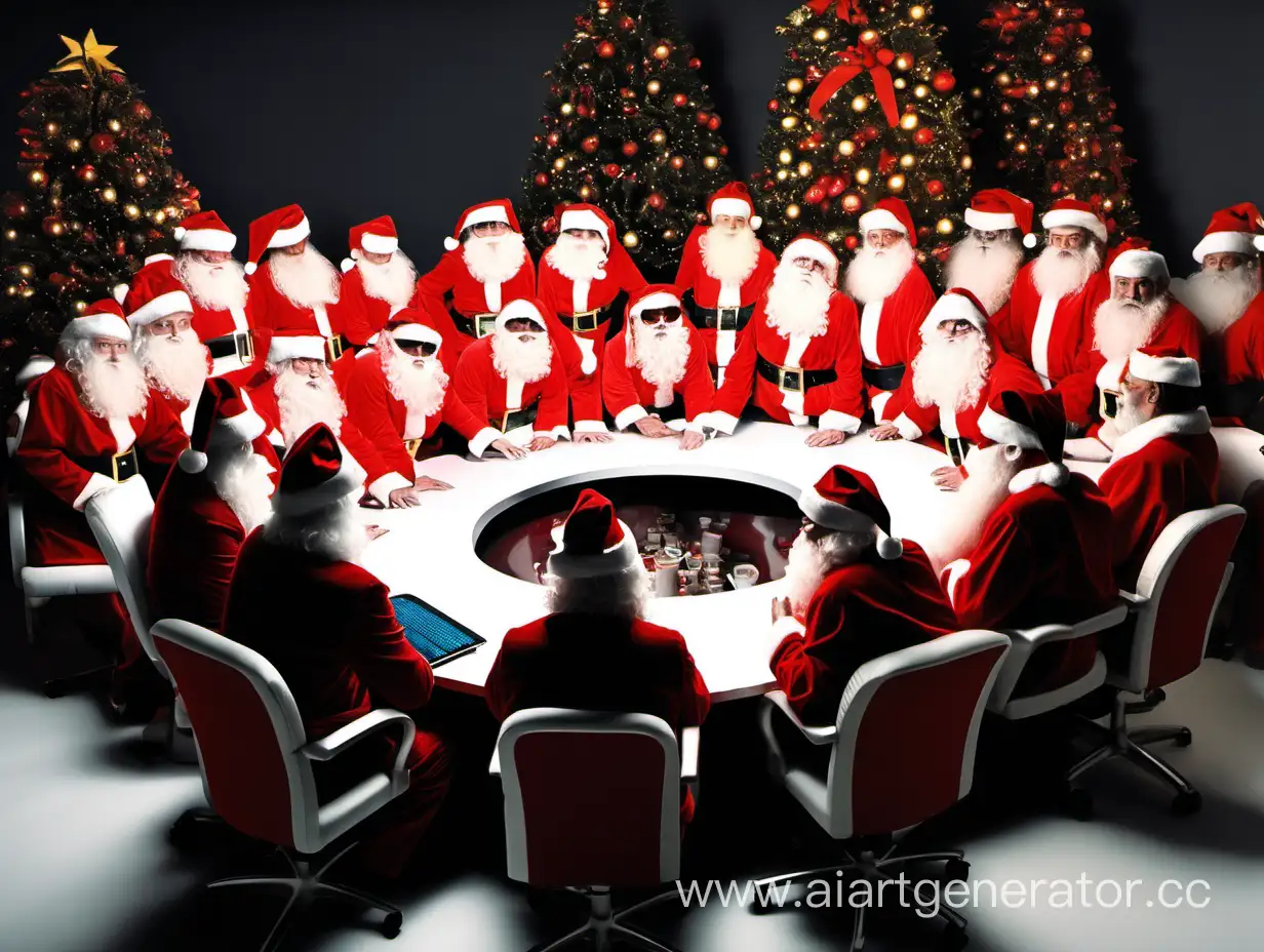 Много Санта клаусов за круглым столом и монитором на сзади