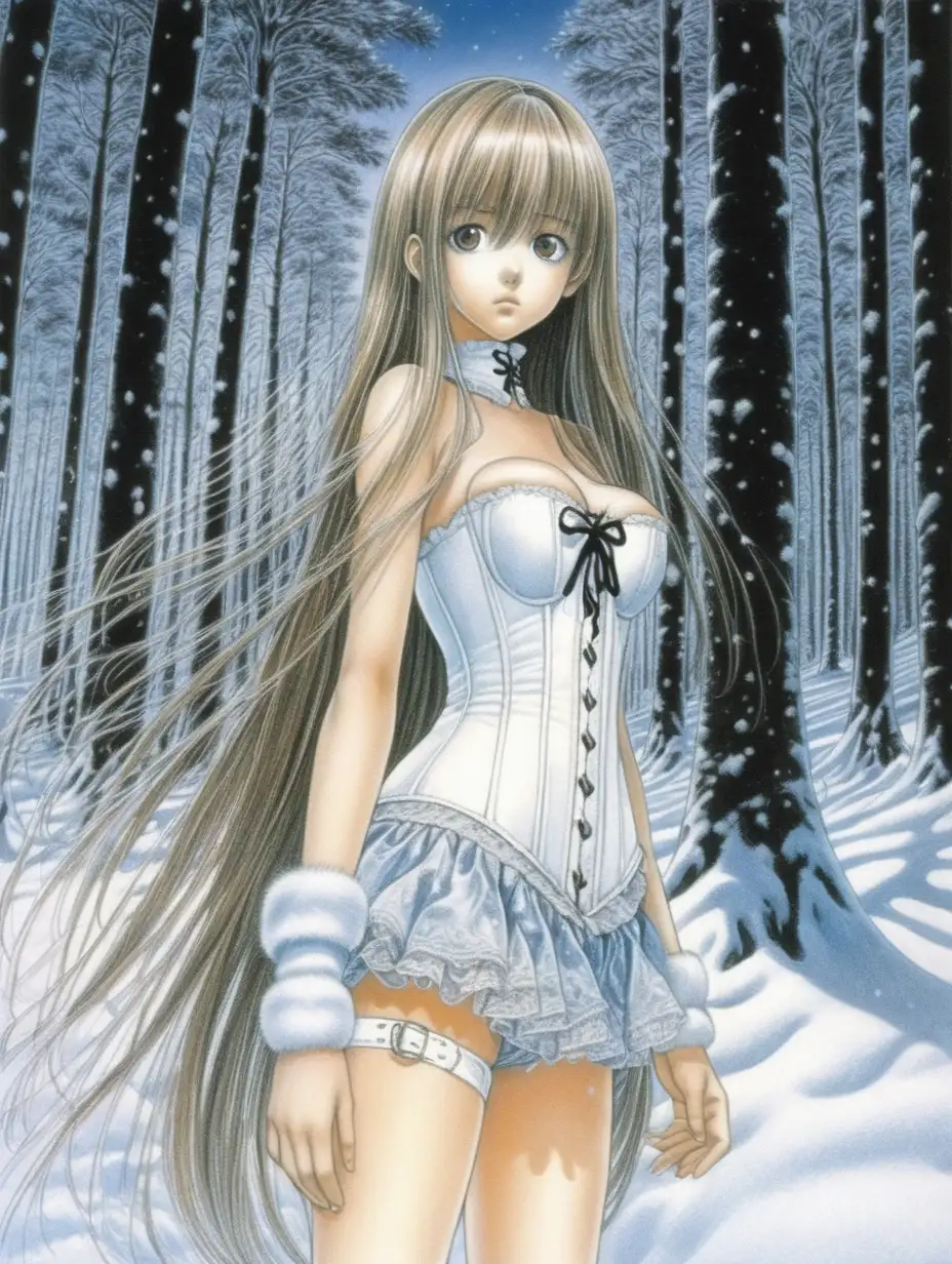 Ilustracion tenebrosa de Takeshi Obata Chica mira al espectador, tiene el pelo largo y es delgada , tiene un corset blanco , solo se le ve la cara , esta en un bosque llena de nieve . 