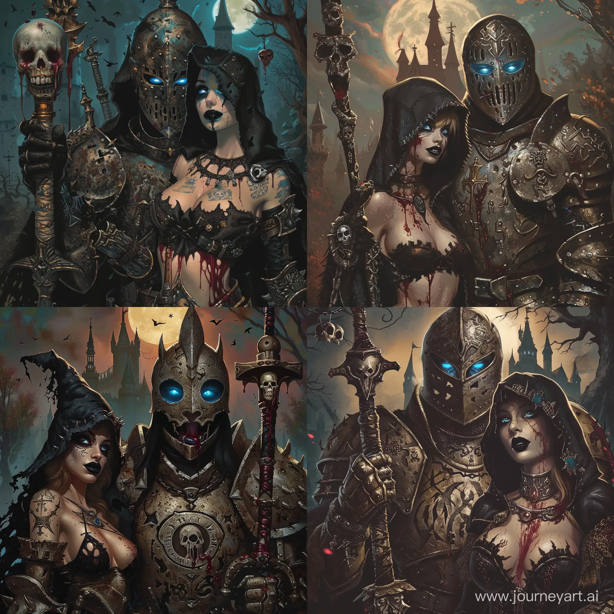 A cursed knight clad in tarnished, blackened armor adorned with ominous symbols, Haunting blue eyes that emanate a dim, eerie light, Carries a cursed, sentient sword that whispers malevolent secrets to him in the silence of the night, accompanied by a beautiful dark witch that have black lipstick, wears a dark hood and cleavage popping out, carries a staff with a skull on it crying blood, dark castle on the background, blood moon in the sky, 1970's dark fantasy style, grim dark, gritty, detailed