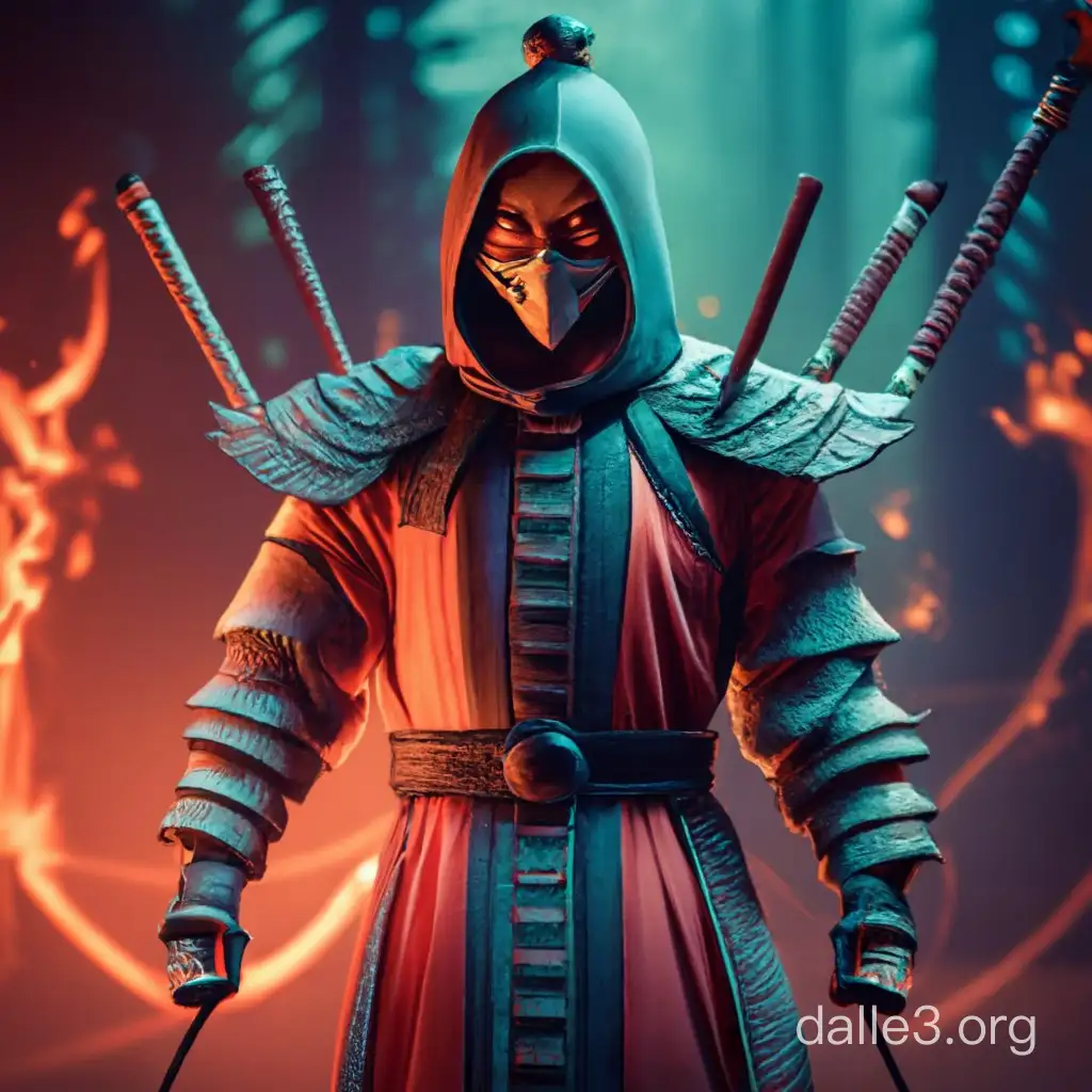 Create a hyper-detailed DALL-E prompt featuring Kenshi from Mortal Kombat 9 in a Kung Fu pose. Set the scene in a dark atmosphere with burning incense sticks, and add an eerie touch with vivid green flames. Emphasize hyper-realism while incorporating elements of 3D art to capture the essence of the character as seen in the game!