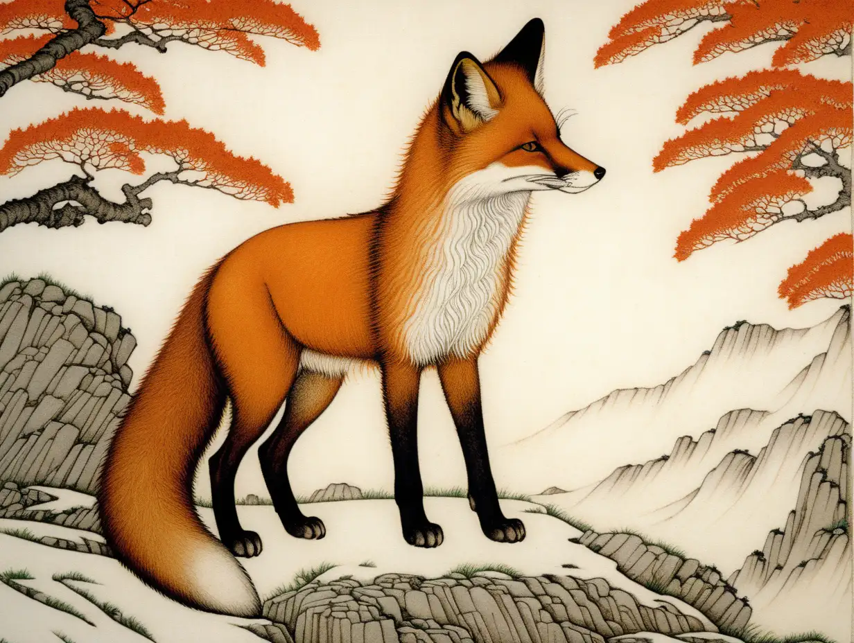 Enigmatic Fox Standing in Takato Yamamoto Style Artwork