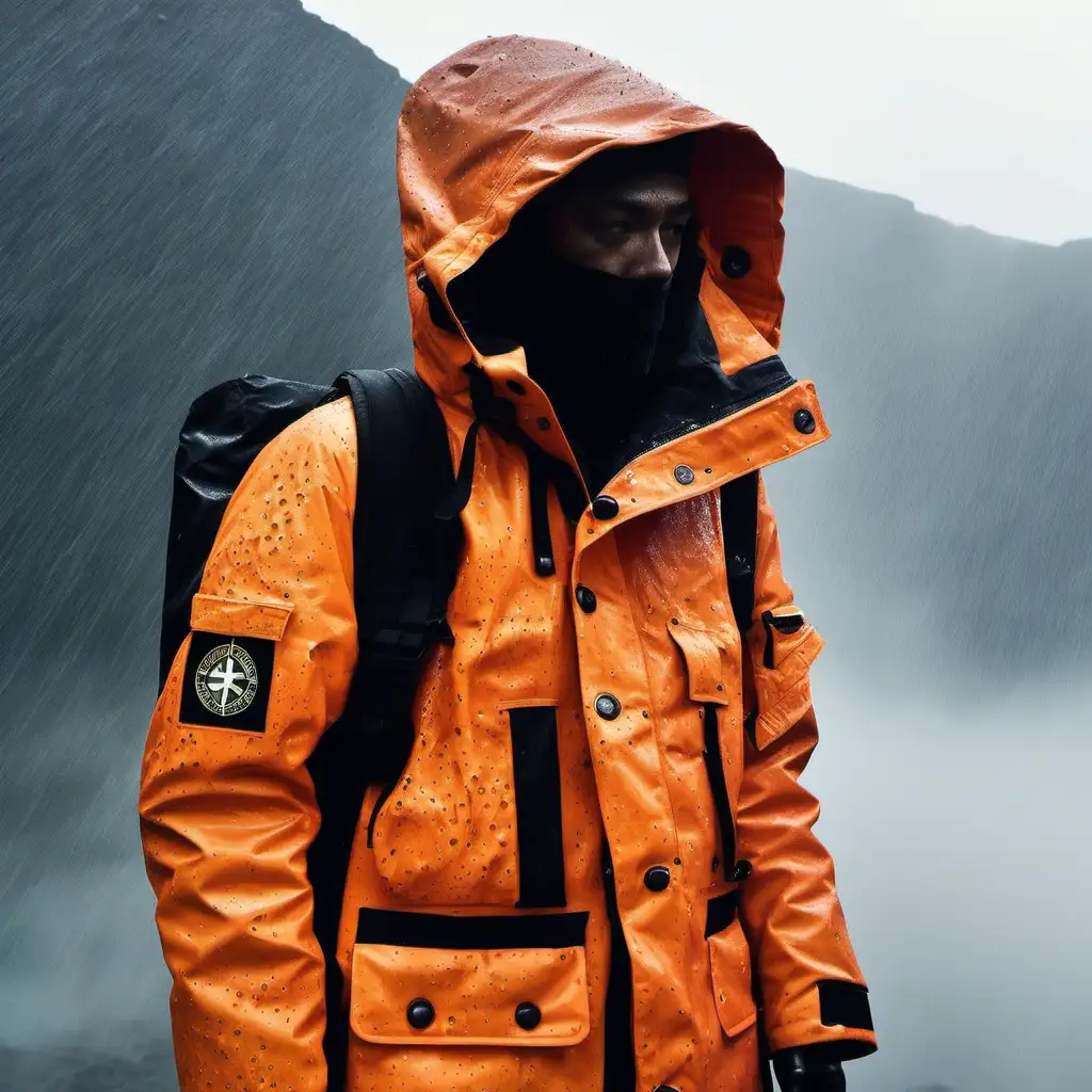 Stone island orange down jacket
Lots of holes
Lots of rain
Fog 
super dark context
Lots of people