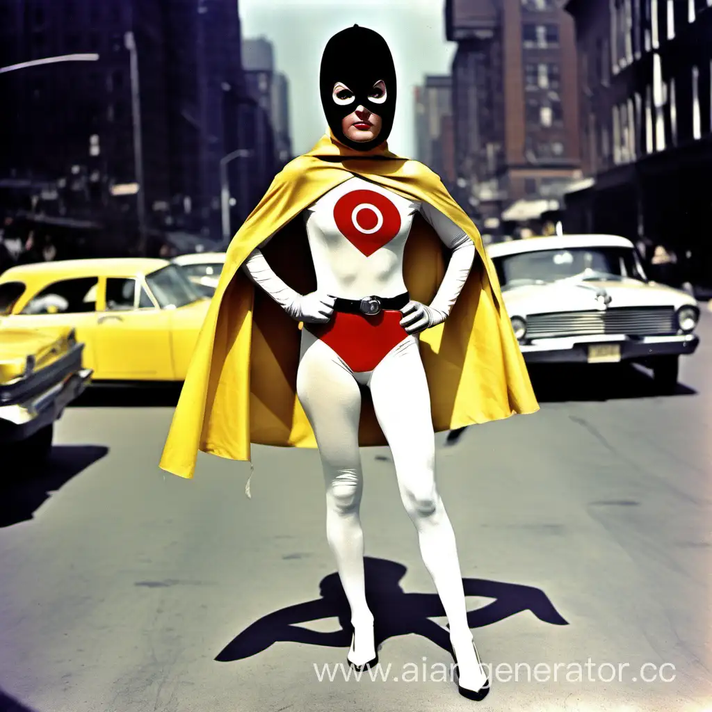 1966 superhero, actress, white tights, white spandex, white gloves, dark cowl mask, yellow cape, red black logo, belt, street