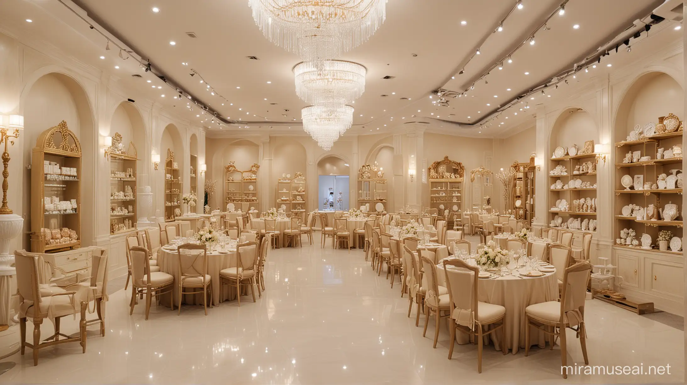 Wedding showroom; display cases; beige color palette; lighting fixtures; big round table; wedding favors; chairs; peranakan theme