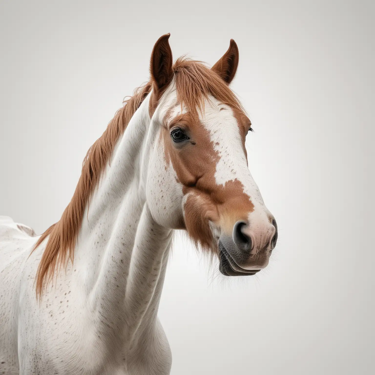 Un caballo viendo hacia arriba con un fondo blanco