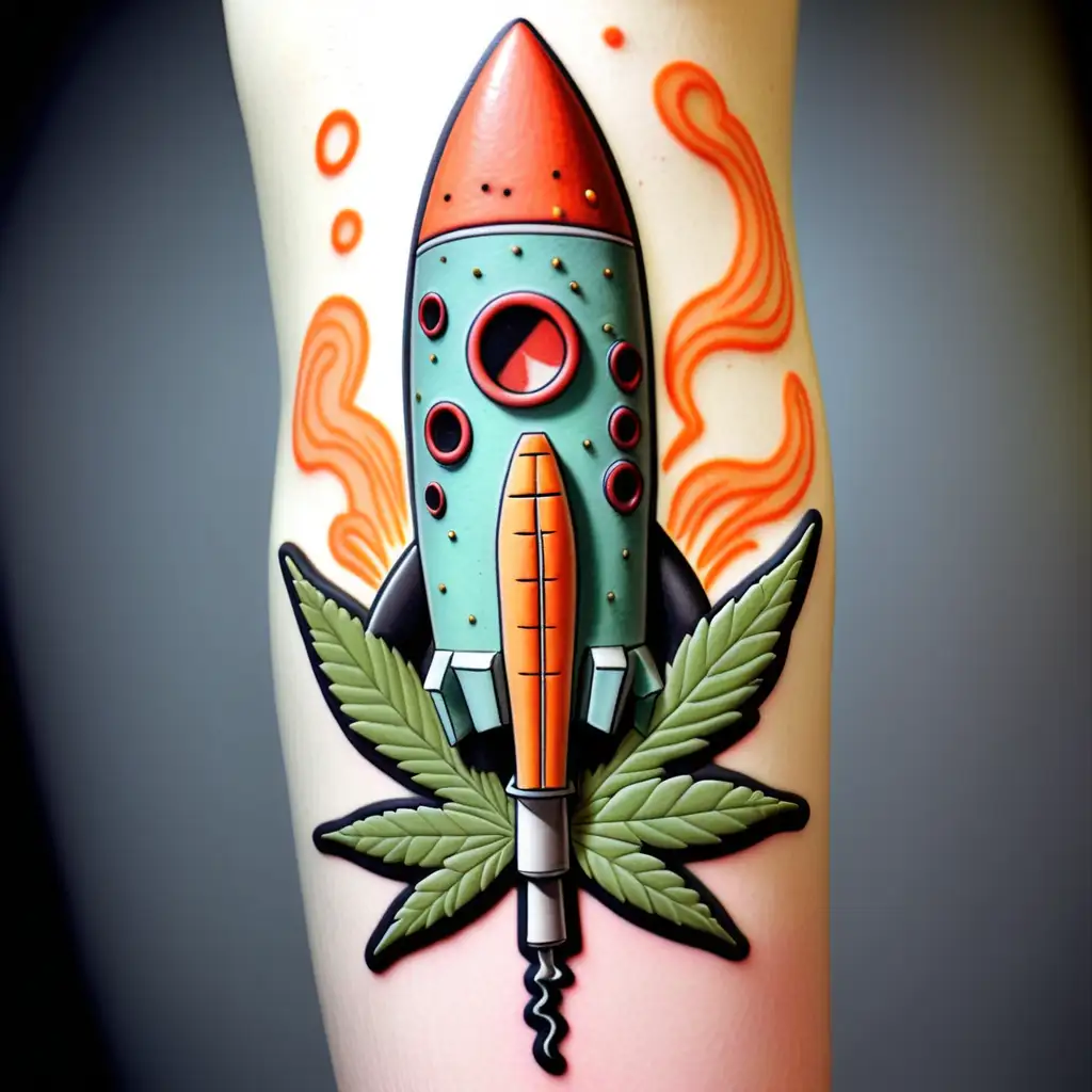 Craft a gritty and edgy tattoo featuring a weed-shaped blunt resembling a rocket hurtling into space with a no-nonsense cookie conductor at the helm. 