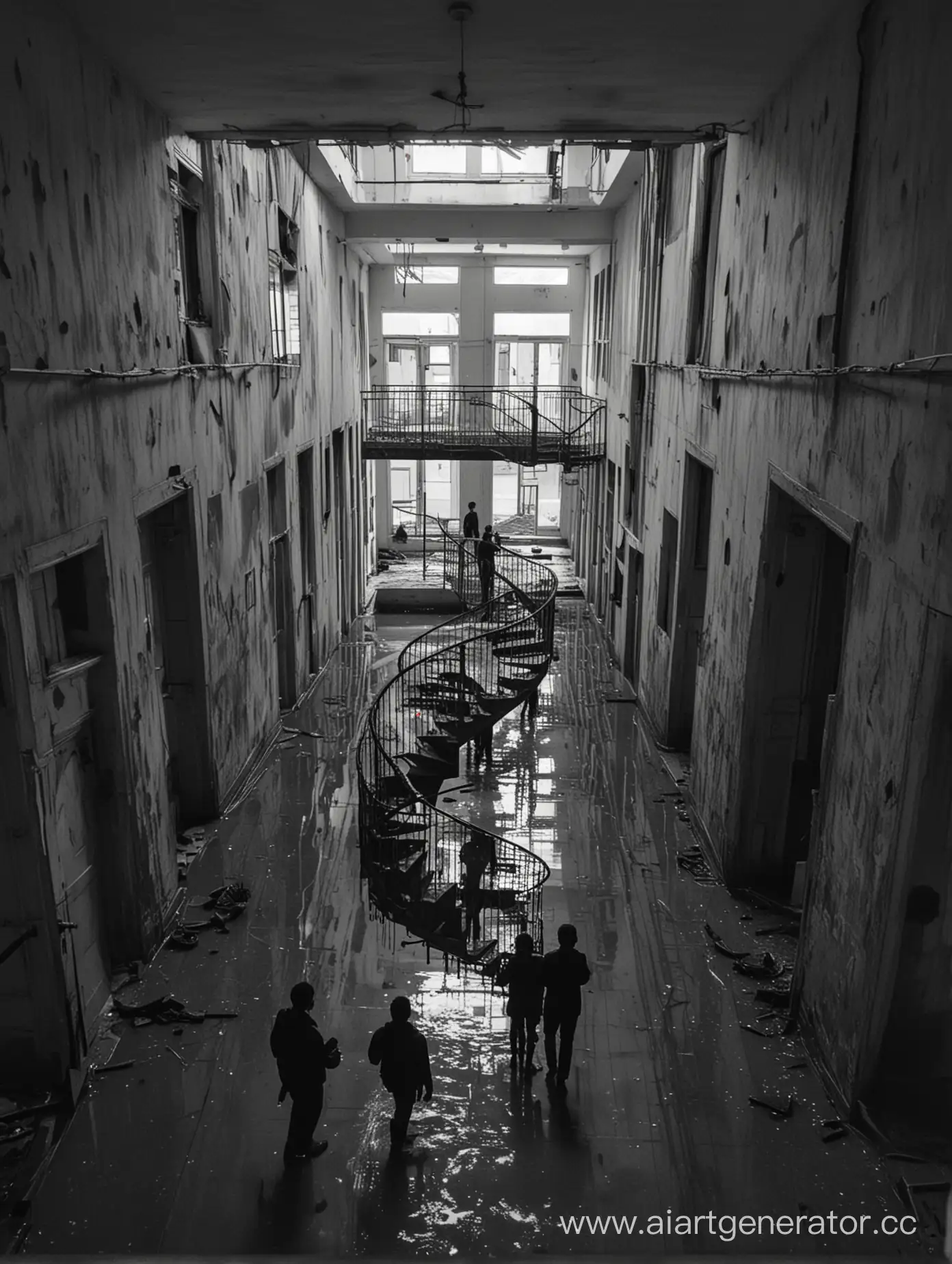 Desolate-Abandoned-School-with-Eerie-Silhouetted-Figures-in-Flooded-Corridors