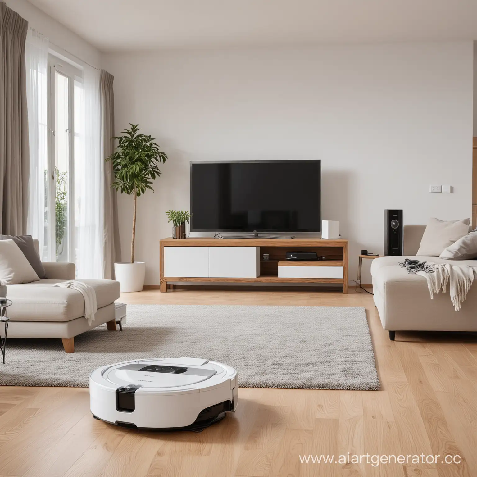 a lot of household appliances for the home; a robot vacuum cleaner; an air humidifier; a large TV