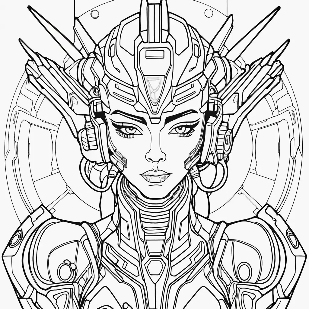 Coloring book image. Black and white. Outline only. Clean and clear outlines that allow for easy coloring. Ensure the design provides ample space for creativity and coloring. Space queen cyberpunk.