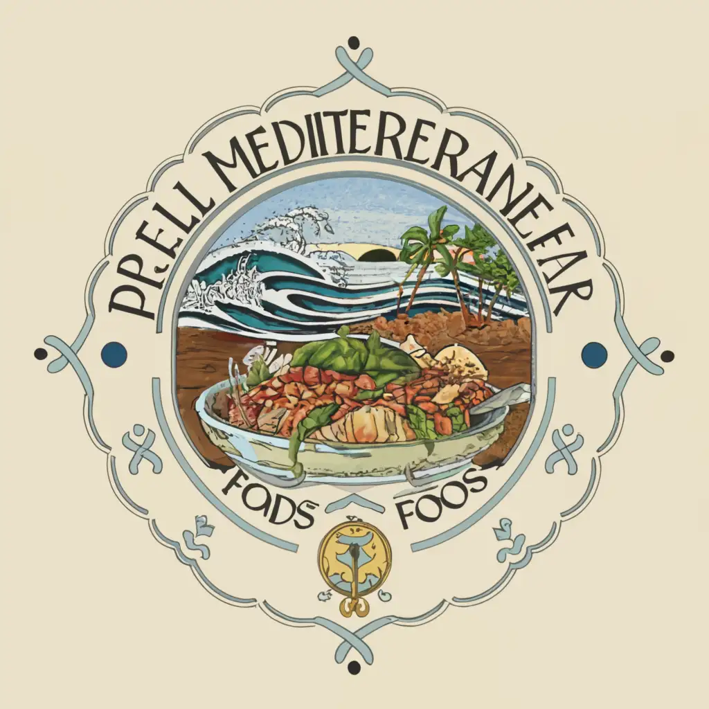 a logo design,with the text "ancestral mediterranean foods", main symbol:barely, Mediterranean sea, waves, Tunisian tile,Moderate,be used in Restaurant industry,clear background