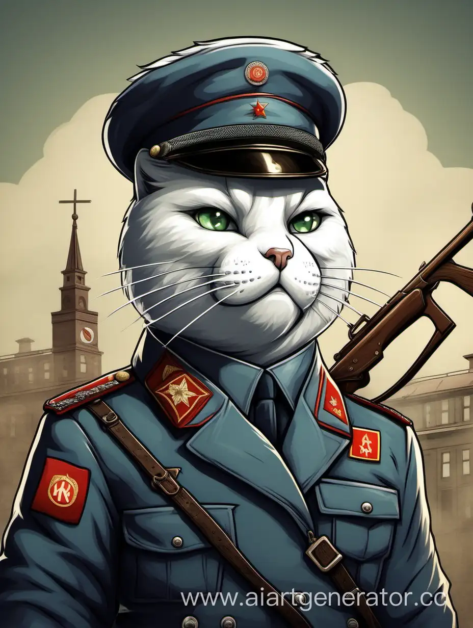 A white anthropomorphic cat in the shape of the NKVD, Detailed and made in a cartoon style with high quality