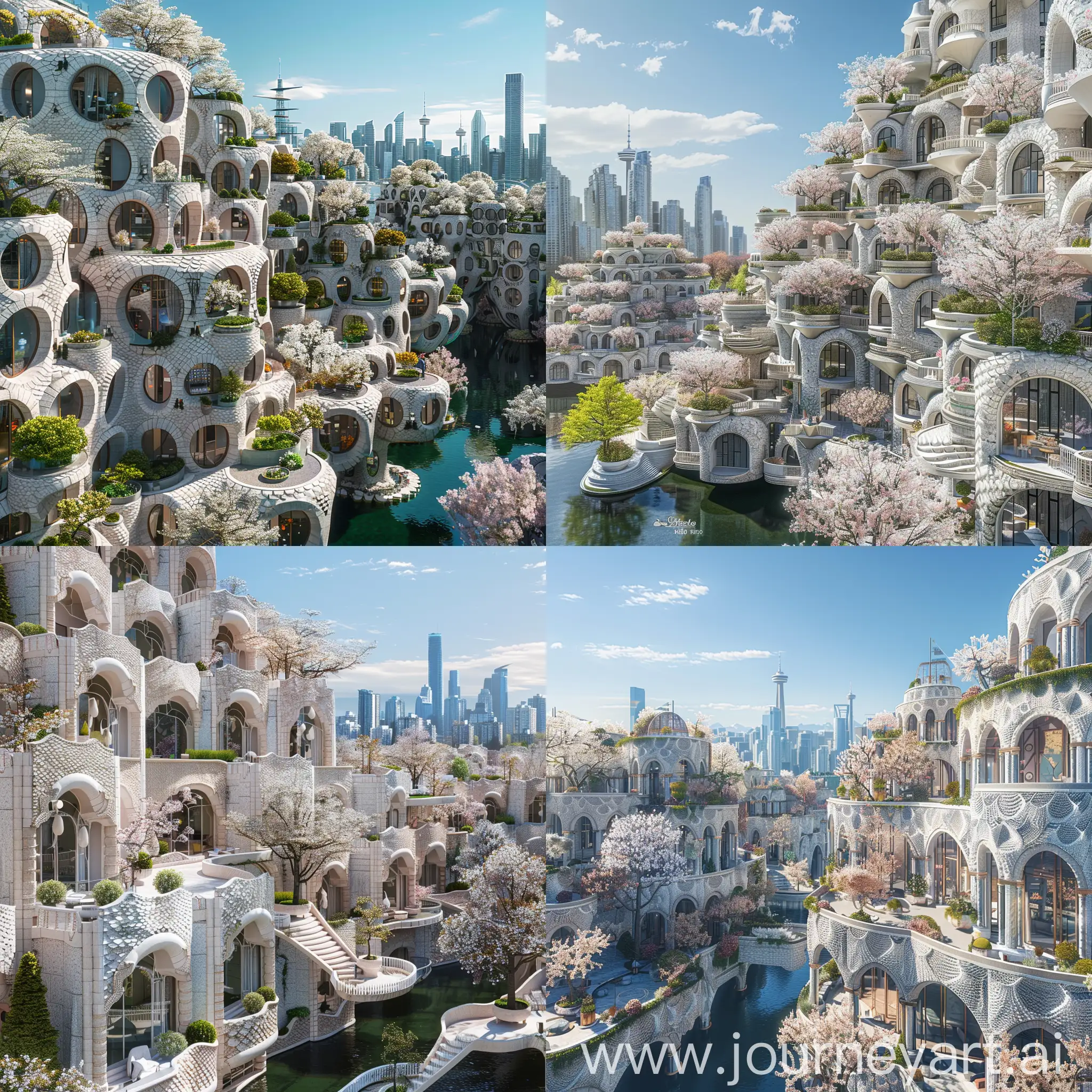Beautiful futuristic metropolis in an alternate timeline where all buildings retain traditional elements, ornate travertine architecture with scale-like patterns on facades and blossoming trees, monumental terraced buildings, canals, Vancouver vibe, spring, supertall skyline in distance, blue sky, photograph