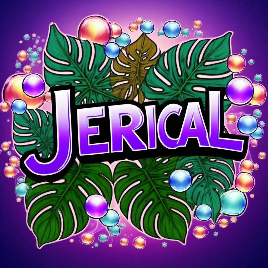 create an image of the name "Jerical" with a colorful smoke background. with intertwined monstera plant's, purple buttlies and colorful bubbles