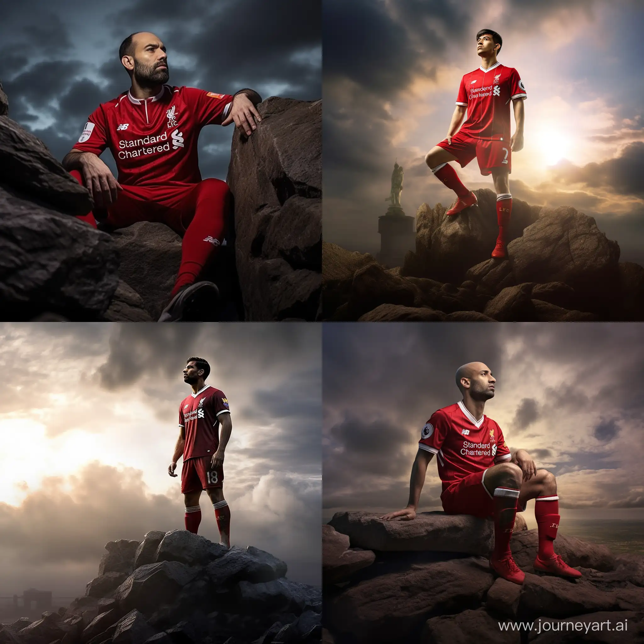 Capture a breathtaking cinematic scene where Muhammed salah perches regally atop a rugged rock formation, resembling a king surveying its kingdom. The man should be adorned in the iconic Liverpool FC attire, featuring a meticulously detailed Liverpool FC jersey.  the rugged beauty of the rock, and the dynamic essence of the Liverpool FC jersey. Pay close attention to lighting, shadows, and textures to achieve a realistic and visually stunning image that seamlessly blends the natural world with the spirit of Liverpool FC. Bring forth a sense of majesty and pride, as if the man itself is a symbol of the team's strength and triumph. The final image should evoke a cinematic atmosphere that transports viewers into this unique and captivating moment. should wear liverpool football club red jersey shuld look like muhammed salah with hair
