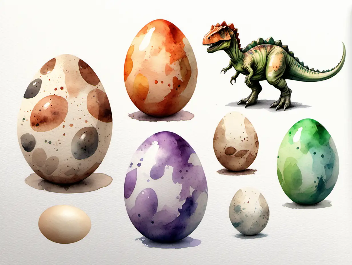 vytvoř dinosauří vejce, realná akvarel ilustrace, samolepky, méně výrazné barvy