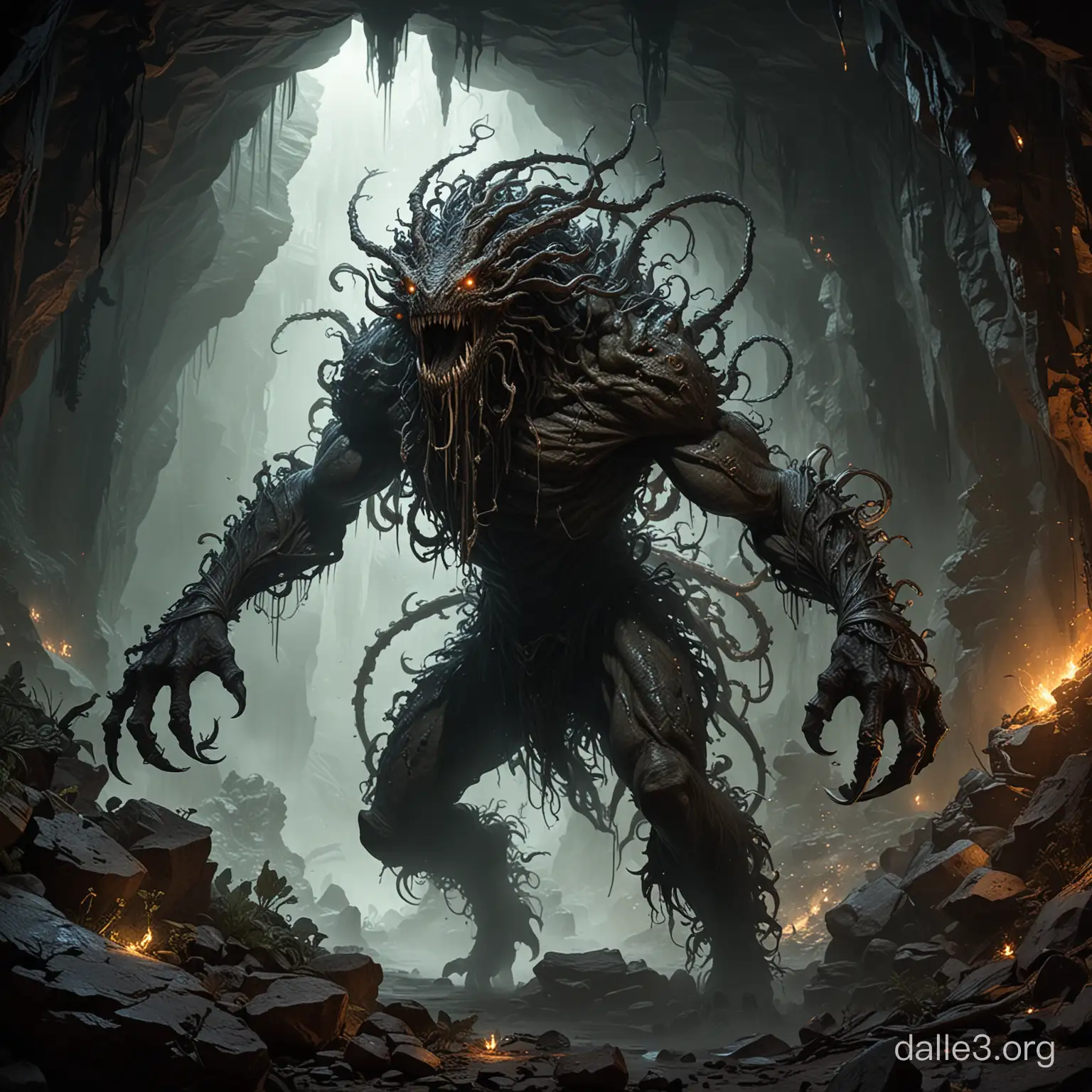 Generate an image of a terrifying and imposing creature known as the Dire Roper, towering within a dark and ominous cavern. Its massive form writhes with dozens of slimy tendrils, each ending in sharp, barbed tips. The creature's central body pulses with a sickly glow, casting eerie shadows across the cavern walls. Show the Dire Roper engaged in a fierce battle with a group of adventurers, its tendrils lashing out with blinding speed as it seeks to entangle and ensnare its prey