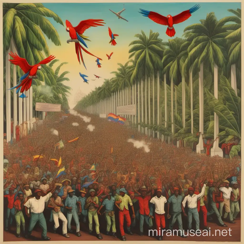 a piece of artwork of a revolution in a tropical country with parrots flying around and people marching
