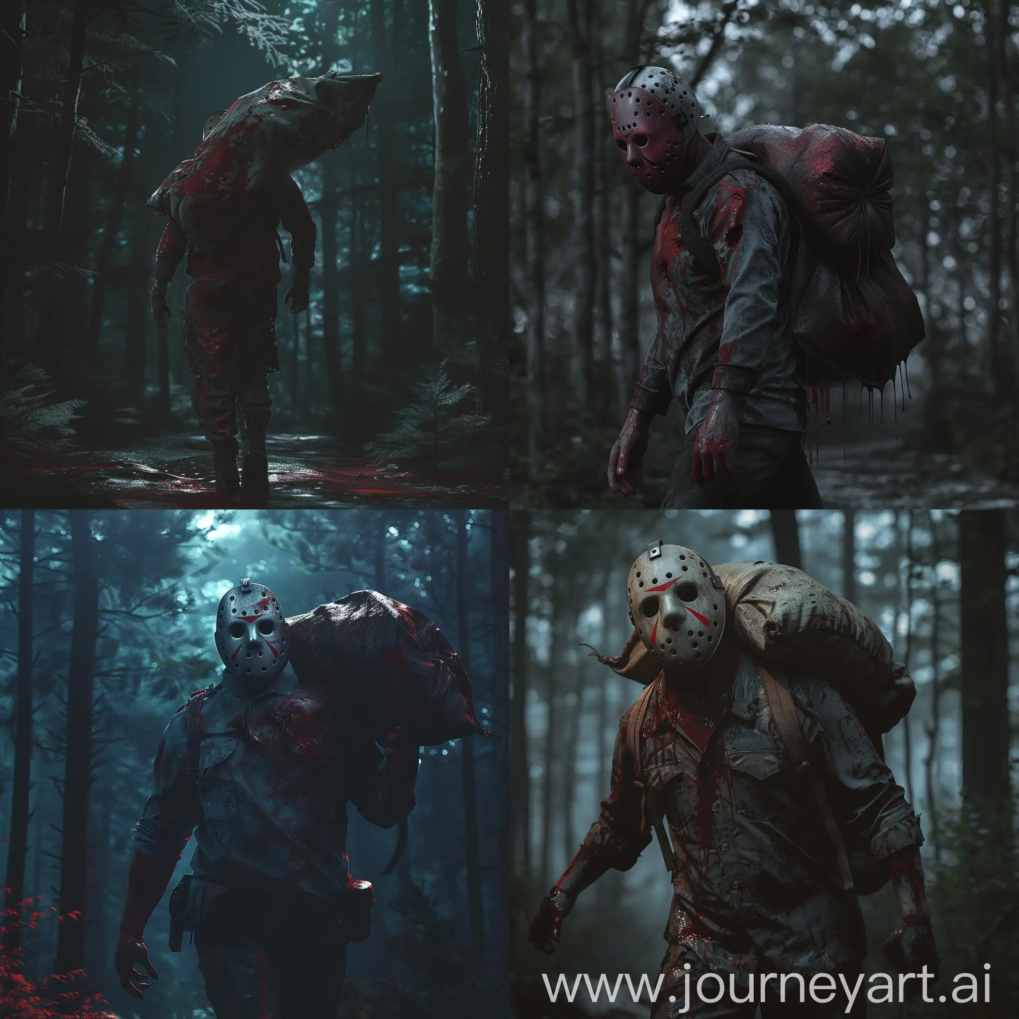 Jason Voorhees carrying a bloody sack on his shoulder in a dark forest. Cinematic shot. Photorealism.