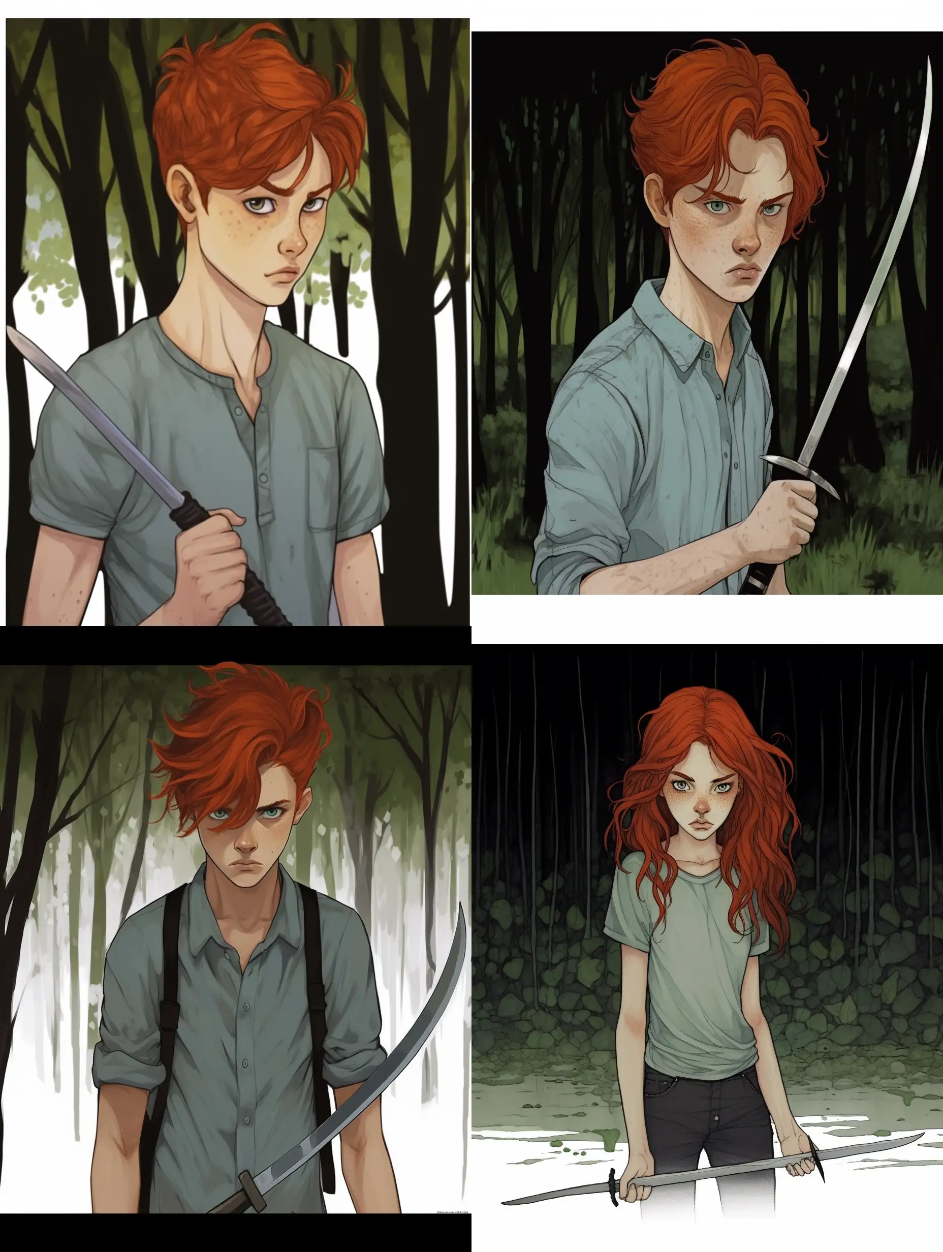 Boy. A teenager, 16 years old. Wiry, tall, fit. With curly red hair. Green eyes. Freckled face. Without a T-shirt. He's wearing battered shorts and a knife dangling from his belt. Barefoot. There is a sharpened stick in his right hand