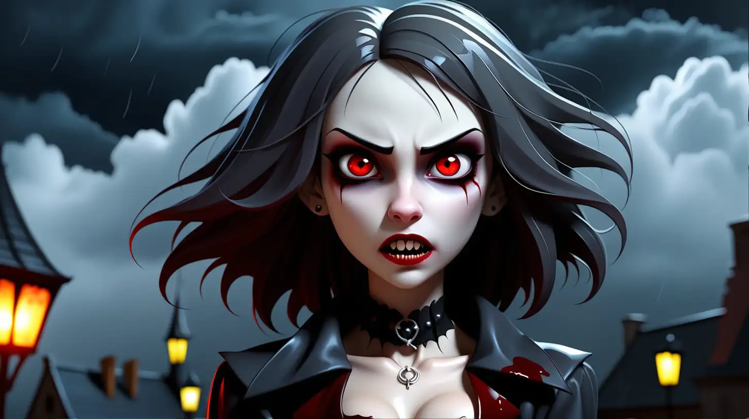 Enchanting Vampire Girl on a Rainy Night with Cloudy Background