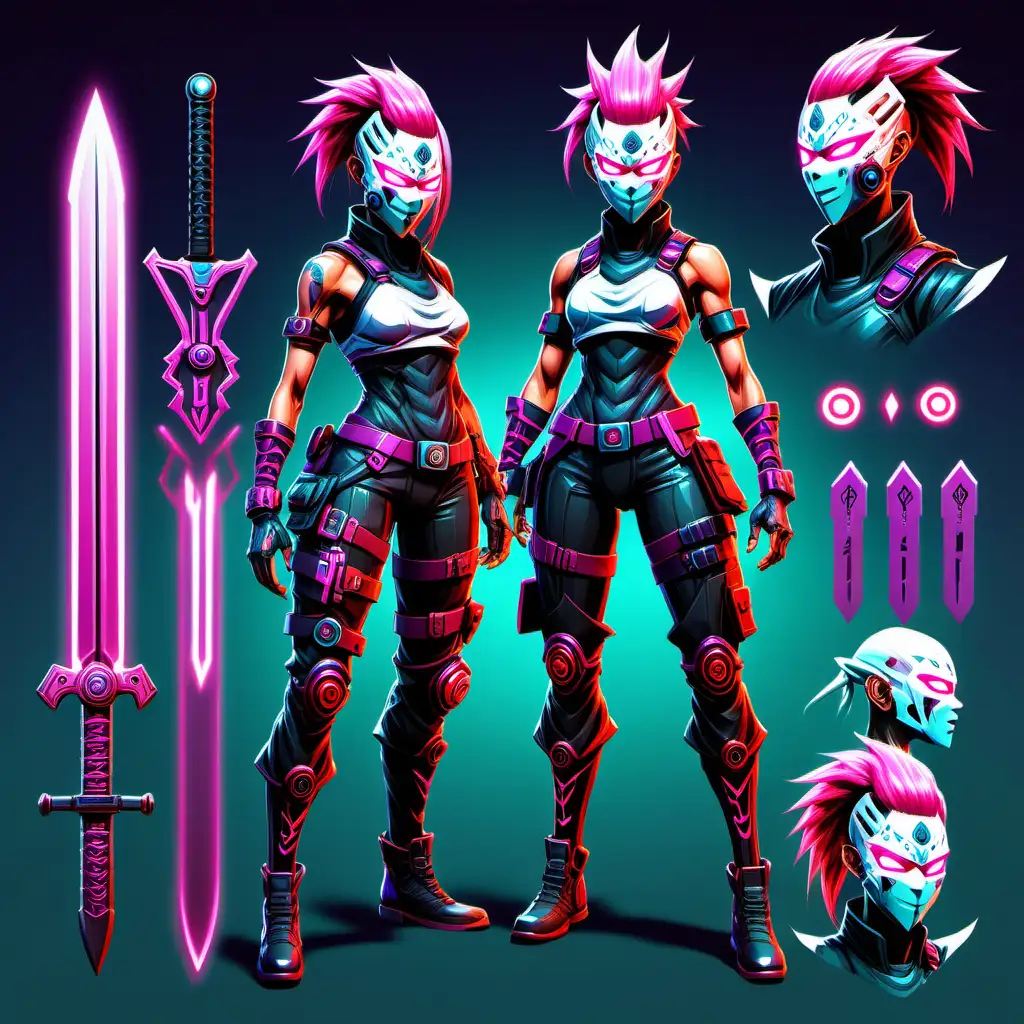 character design sheet, full body of a Magical female alien Paladin Warrior with spikey pink hair like goku and a mechanical glowing ninja mask and intricate white teal and purple cyberpunk runic clothing with red glowing nordic runes,with a massive glowing straight sword in a style reminiscent of fortnite character skin, character concept --chaos 0
