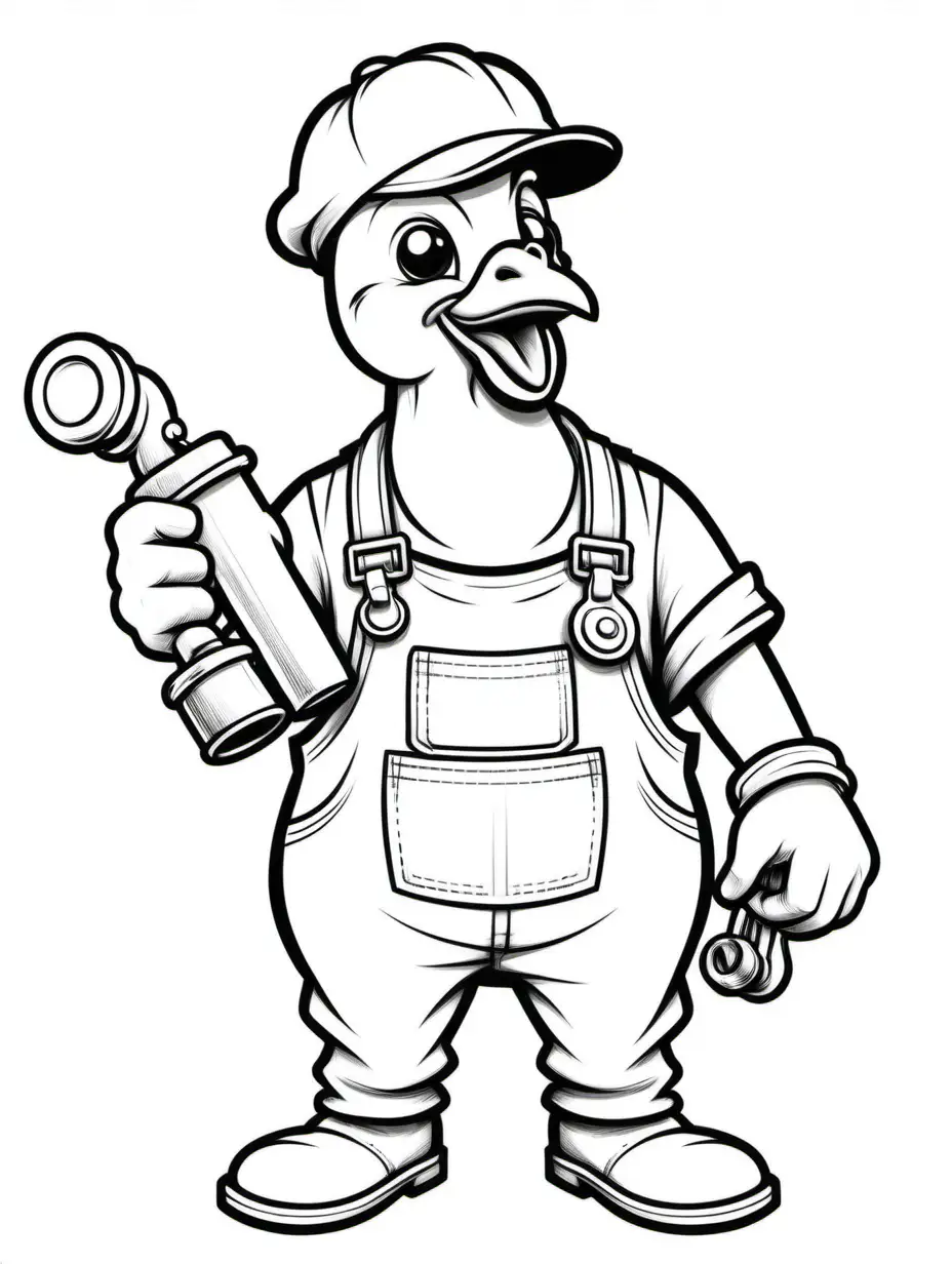 coloring page for kids, chicken dressed as a plumber, no shading,