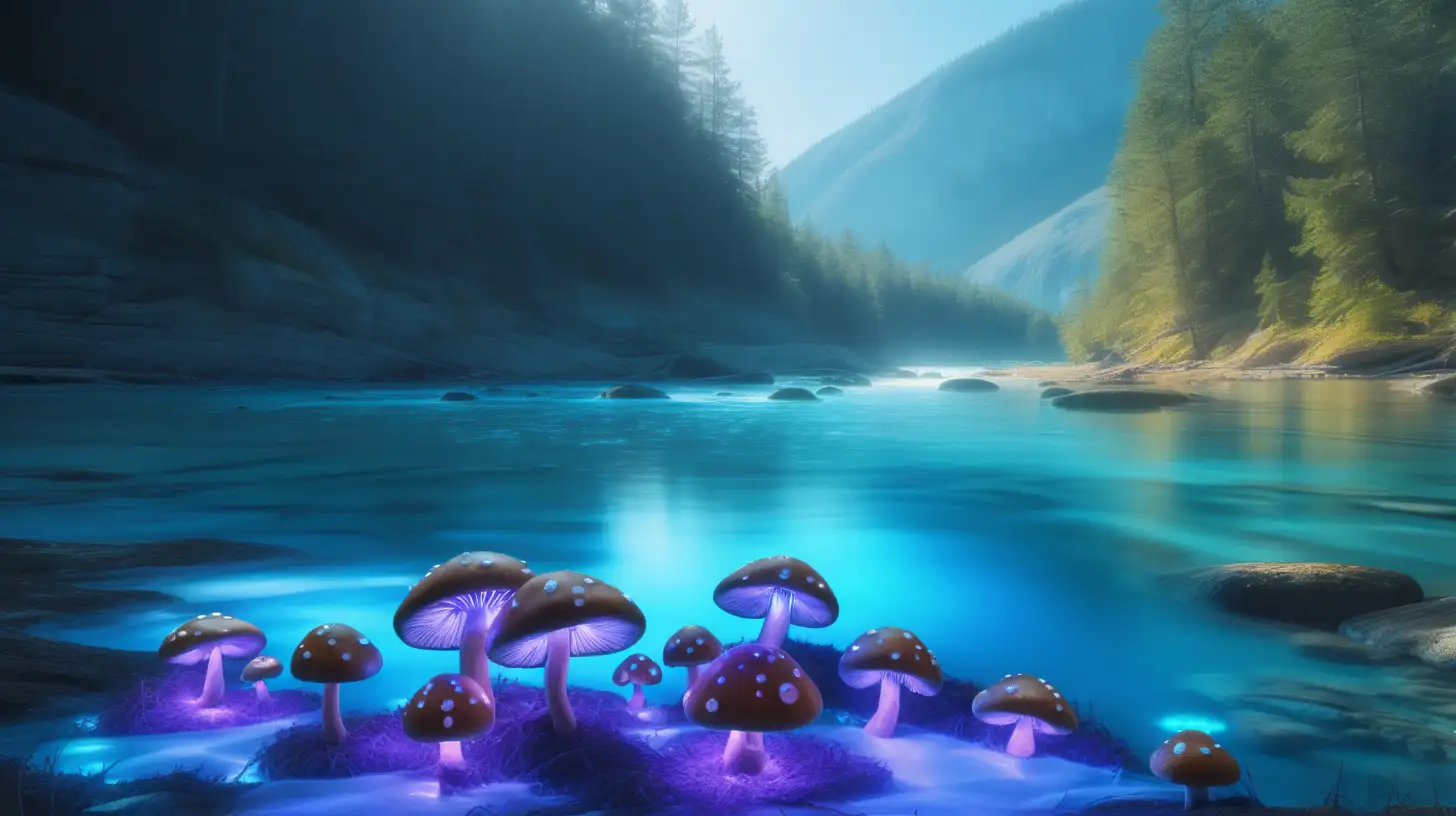 fairytale magical glowing blueberry mushrooms  in a glowing bright blue river in the mountains by ocean cliffs