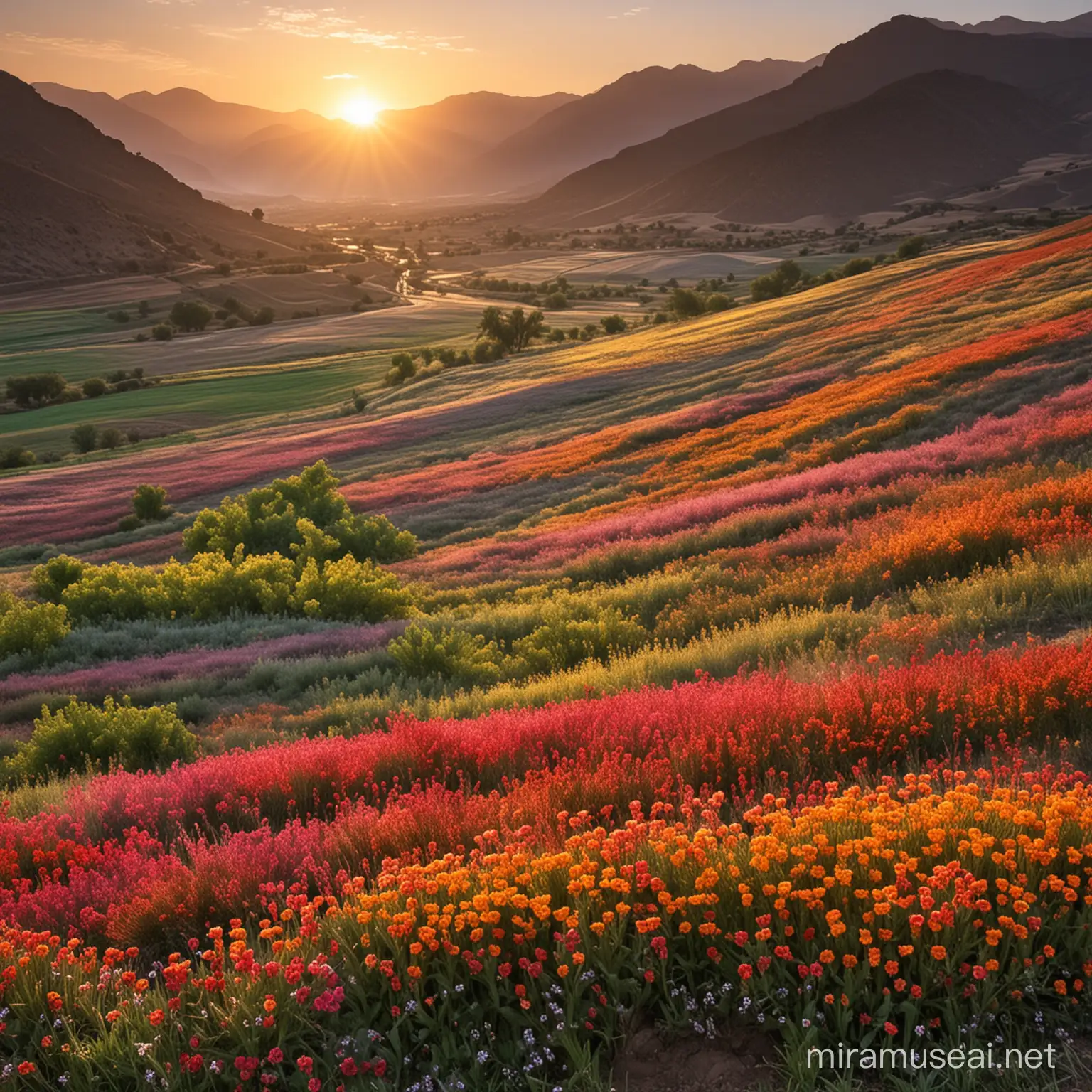 Vibrant Sunrise Landscape Colorful Spray over Fertile Valley