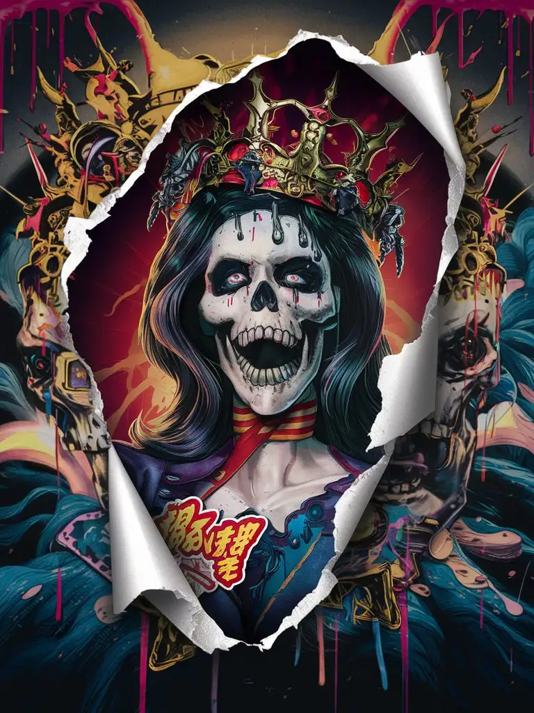 crazy horror skull odalisque, chaotic crown, chaos ornamental assimetrical, chinese poster, torn poster edge, alphonse mucha hiperdetailed, highcontrast colors, deep perspective backgroung, explosive dripping colors, sticker art